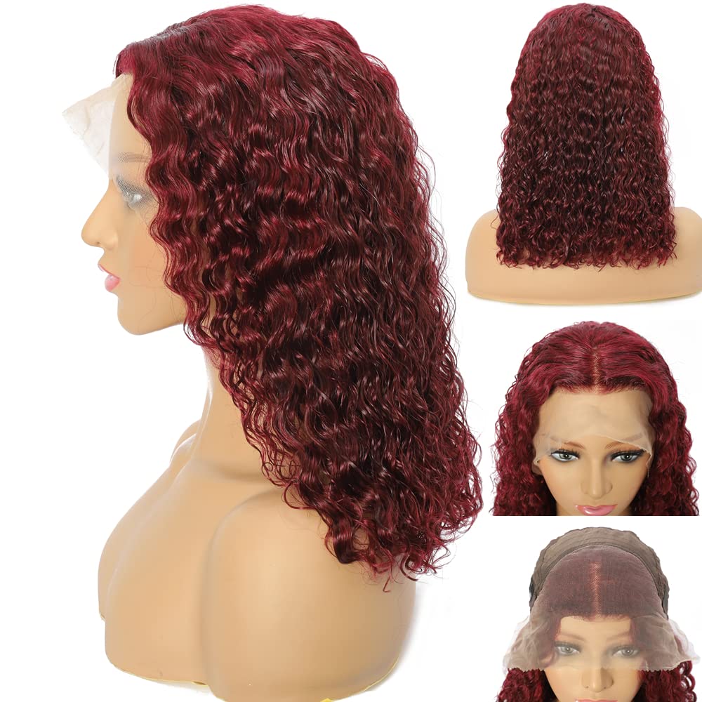 99J Burgundy Lace Front Bob Wigs - 100% Human Hair Deep Wave 13x4 Lace Frontal Wig for Black Women - Red Curly Bob Wig with Pre-Plucked Natural Hairline & Baby Hair - 150% Density 14 Inch - Perfect for Daily Wear, Parties & Special Occasions