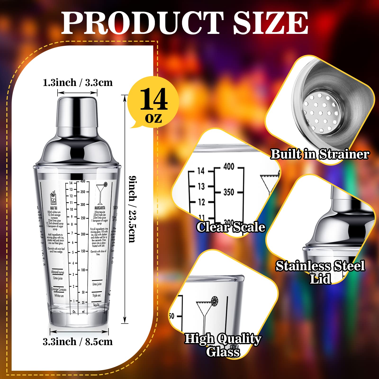 Roshtia 4-Piece 14oz Clear Glass Cocktail Shaker Set with Built-in Measurement Scale, Strainer & Recipe Guide - Professional Bartender Tools for Mixing Martinis, Margaritas & Cocktails at Home Bars, Parties & Restaurants