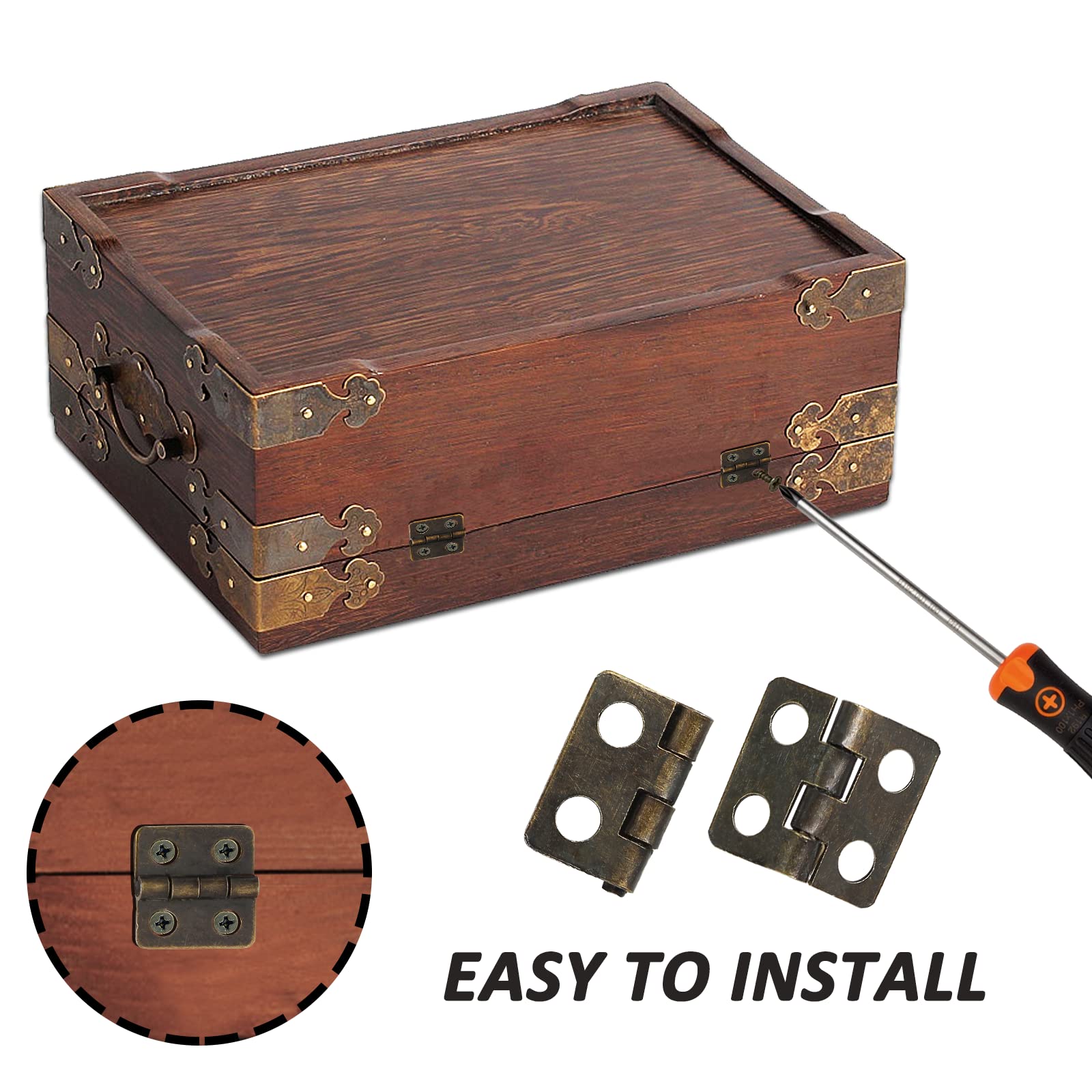 BokWin 50PCS Mini Brass Hinges for Wooden Jewelry Box - 13x12mm Antique Copper Hinges with 200 Screws - Perfect for DIY Crafts, Cabinets, Jewelry Chest & Small Wooden Box Repair