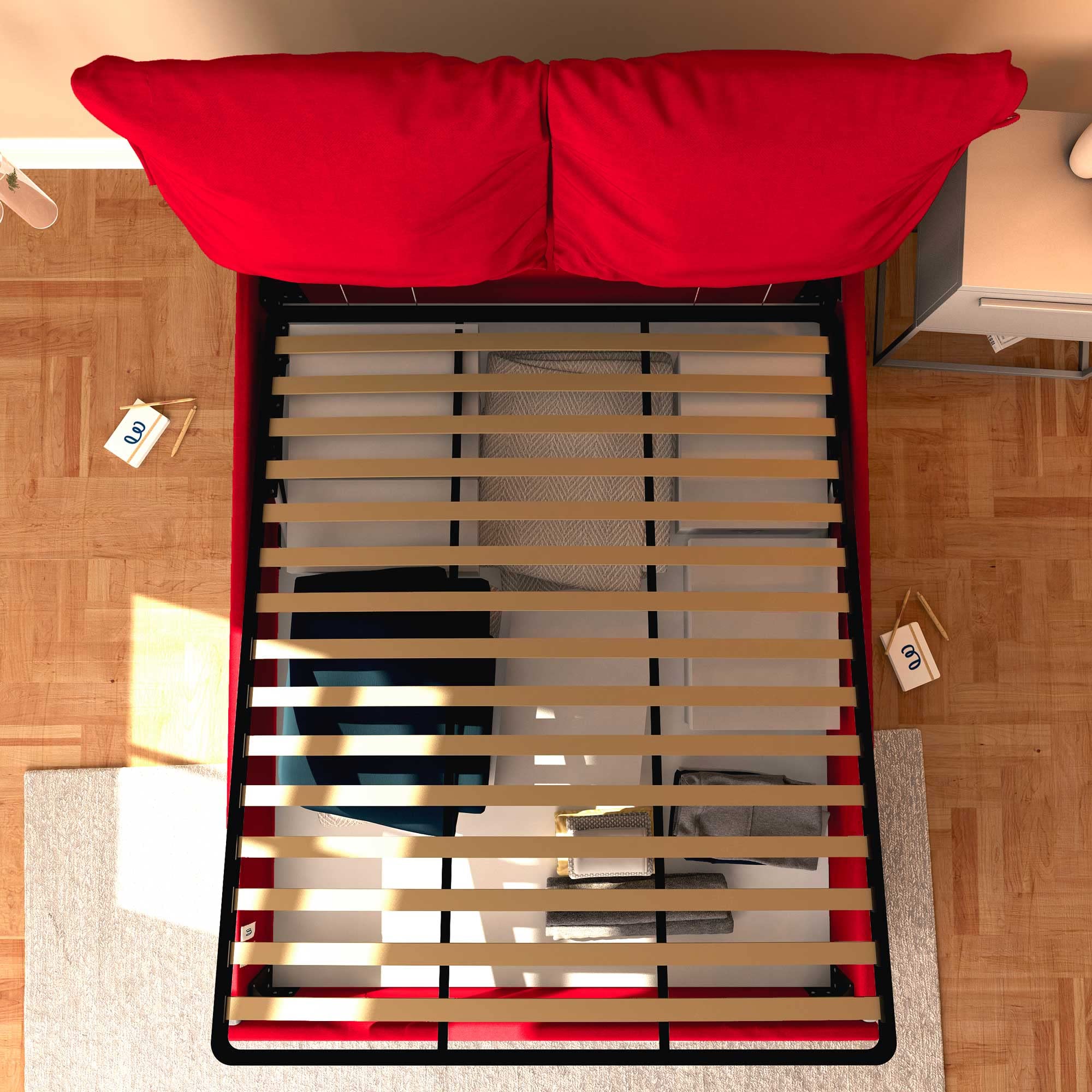 Baldiflex Licia Soft Single Bed with Storage - Synthetic Leather Upholstery, Slatted Base for Single Mattress, 140 x 190 cm, Padded Thin Headboard, Red - Perfect for Small Bedrooms, Guest Rooms & Studio Apartments