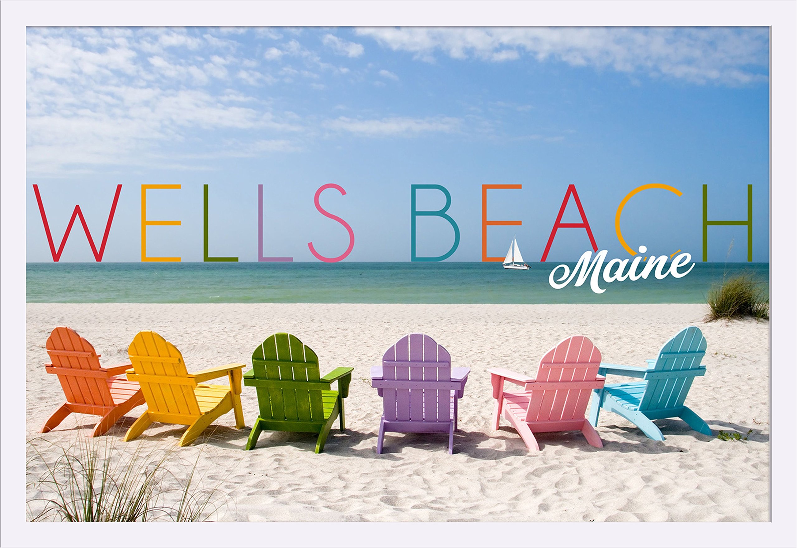 Wells Beach Maine Colorful Beach Chairs Photography 36x24 Giclee Art Print - Gallery Framed White Wood Wall Decor for Coastal Living Room, Beach House & Vacation Home Decor