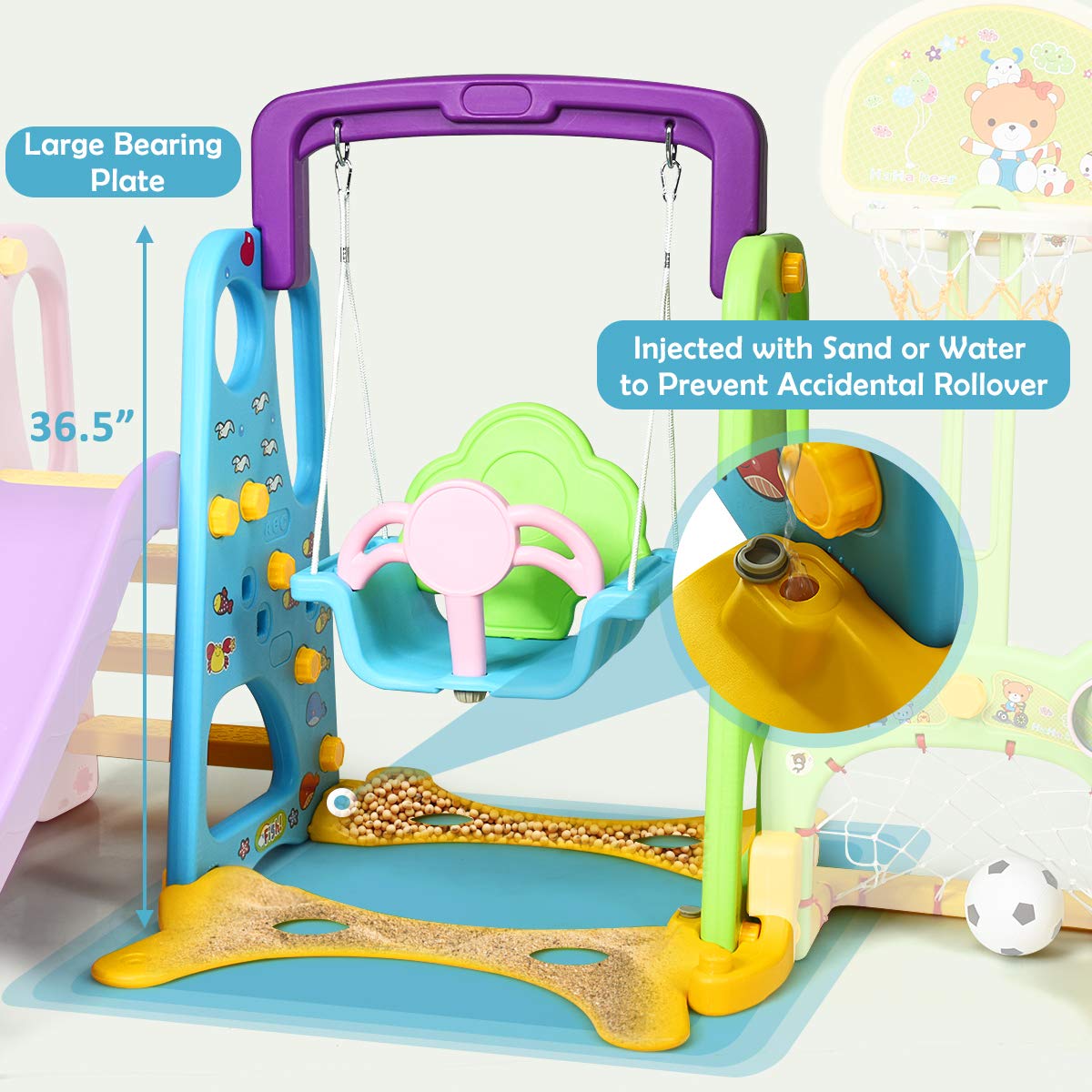 HONEY JOY 4-in-1 Toddler Swing and Slide Playset with Basketball Hoop - Extra Long Slide with Safety Buffer - Easy Assembly Indoor/Outdoor Climber for Kids Ages 2-5 - Perfect for Backyard, Playroom & Preschool Playground Activities