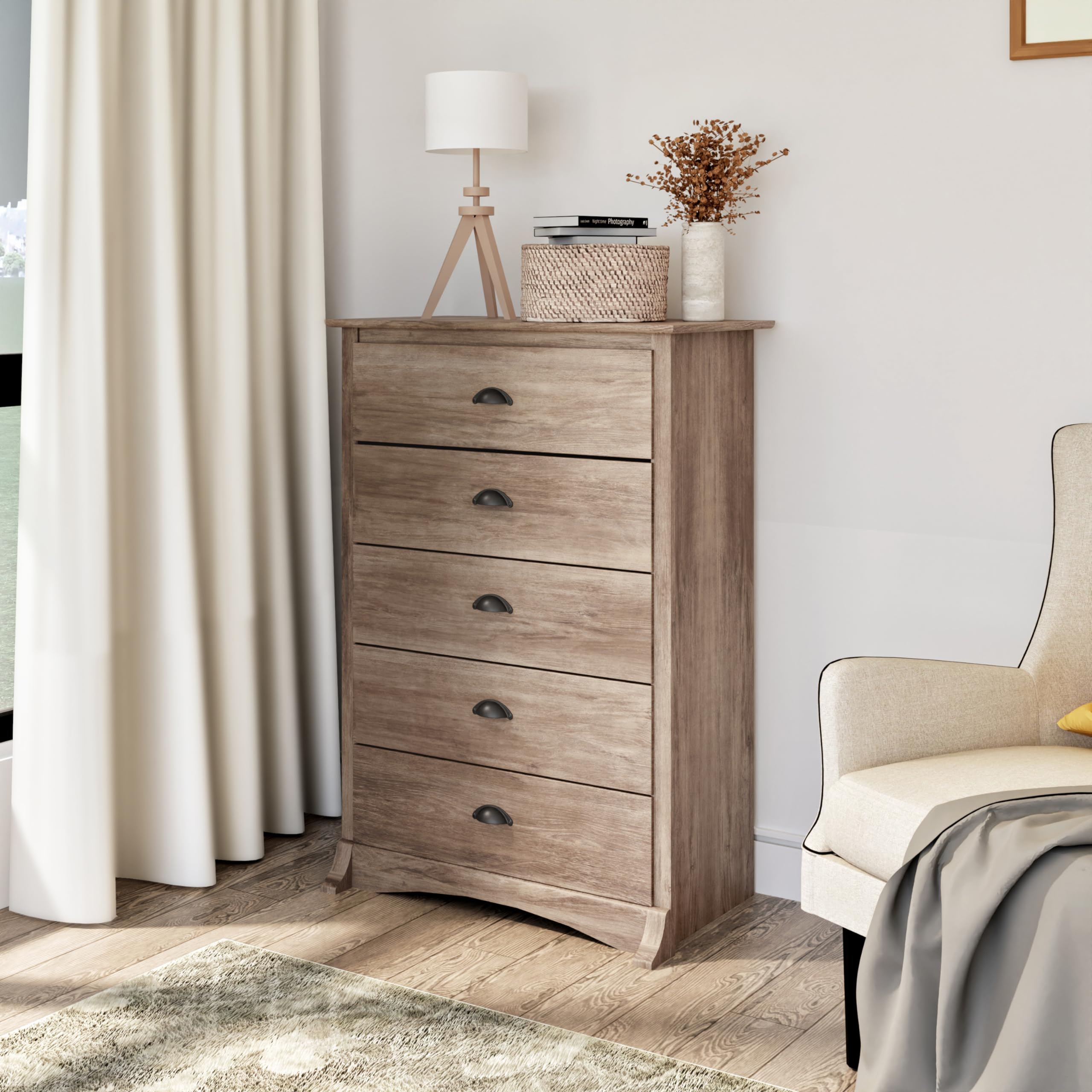 Prepac Salt Spring Rustic 5-Drawer Tall Dresser - Farmhouse Bedroom Chest of Drawers 17.75