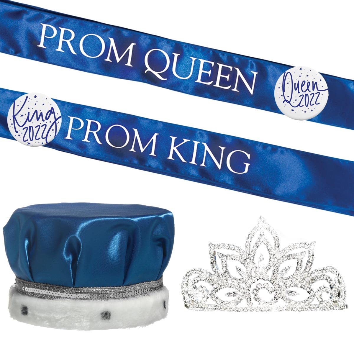 Prom Royalty Set - Sparkling Rhinestone Tiara & King Crown with Sashes & Buttons | Perfect for Prom Night, Homecoming, Pageants & Royal-Themed Parties