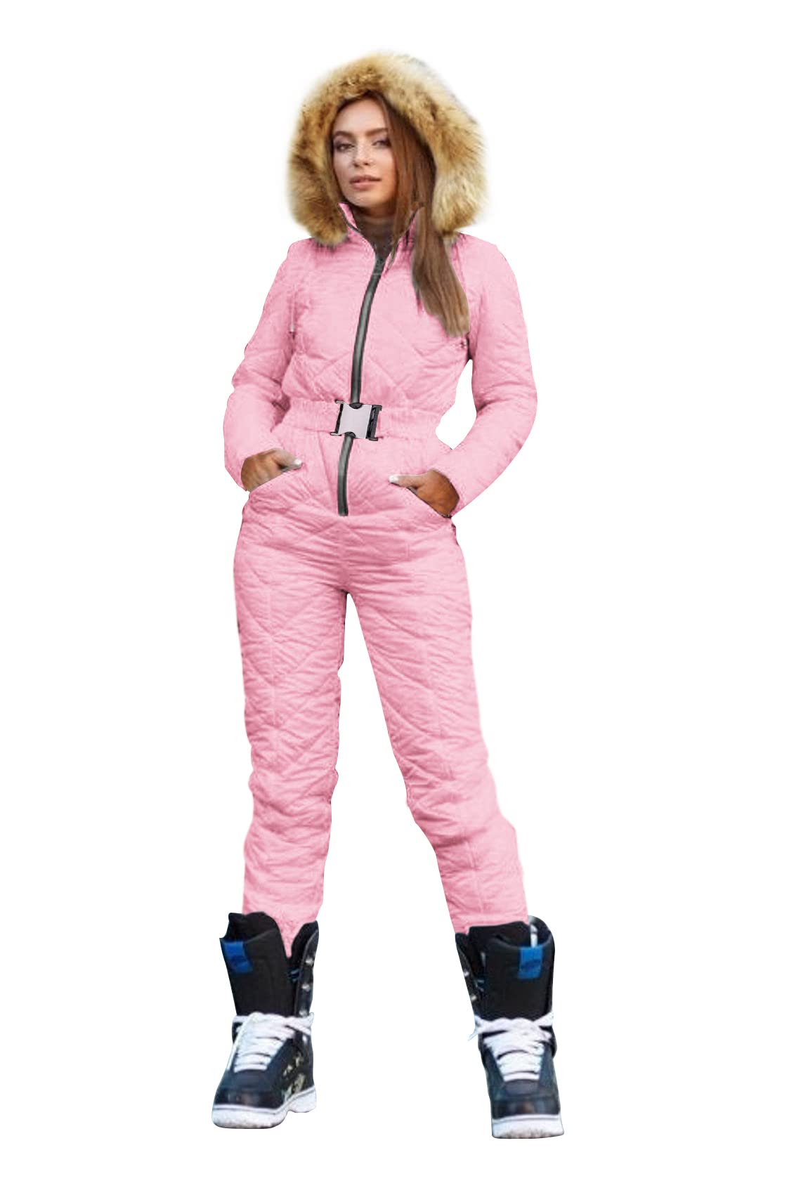 Yousify Women's Winter Ski Suit - One Piece Hooded Snowsuit with Fur Collar for Skiing, Snowboarding & Outdoor Sports | Waterproof & Warm Winter Coat for Cold Weather Adventures