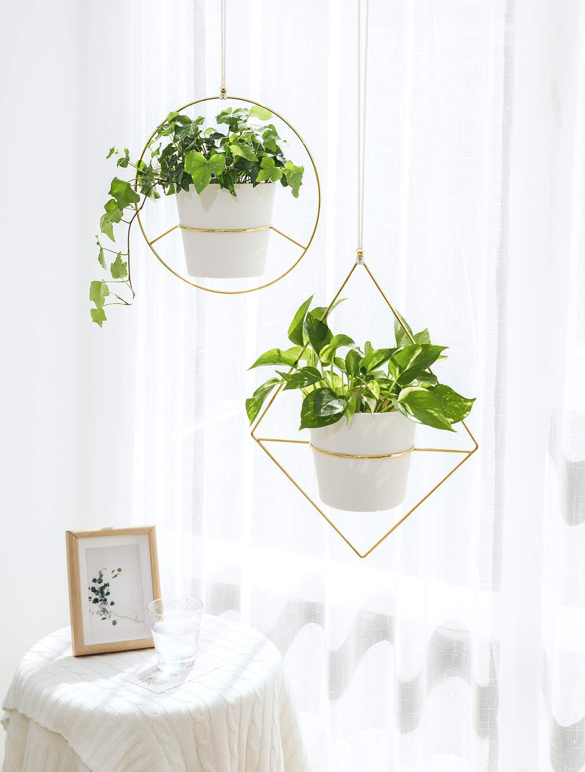 **Mkono Ceramic Hanging Planters Set of 2 - 8 Inch Shallow & 6 Inch Deep for Indoor & Outdoor Plants - Boho Metal Hangers with Plastic Pots - Perfect for Home, Garden, Patio, and Balcony Decor**