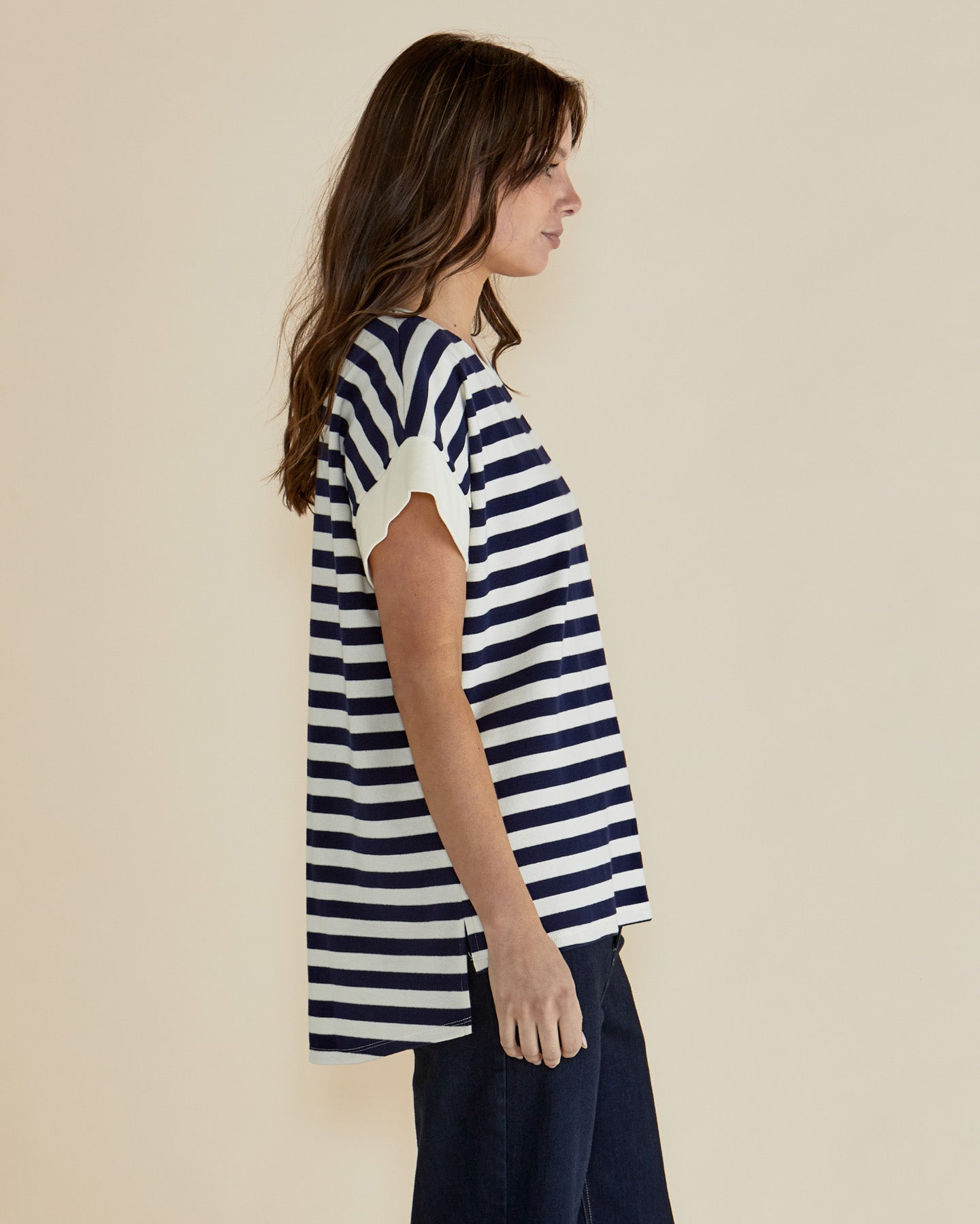 Betty Basics Willa Tee - Navy & Cream Striped Women's T-Shirt | Soft Cotton Casual Top for Everyday Wear | Perfect for Work, Weekend & Layering