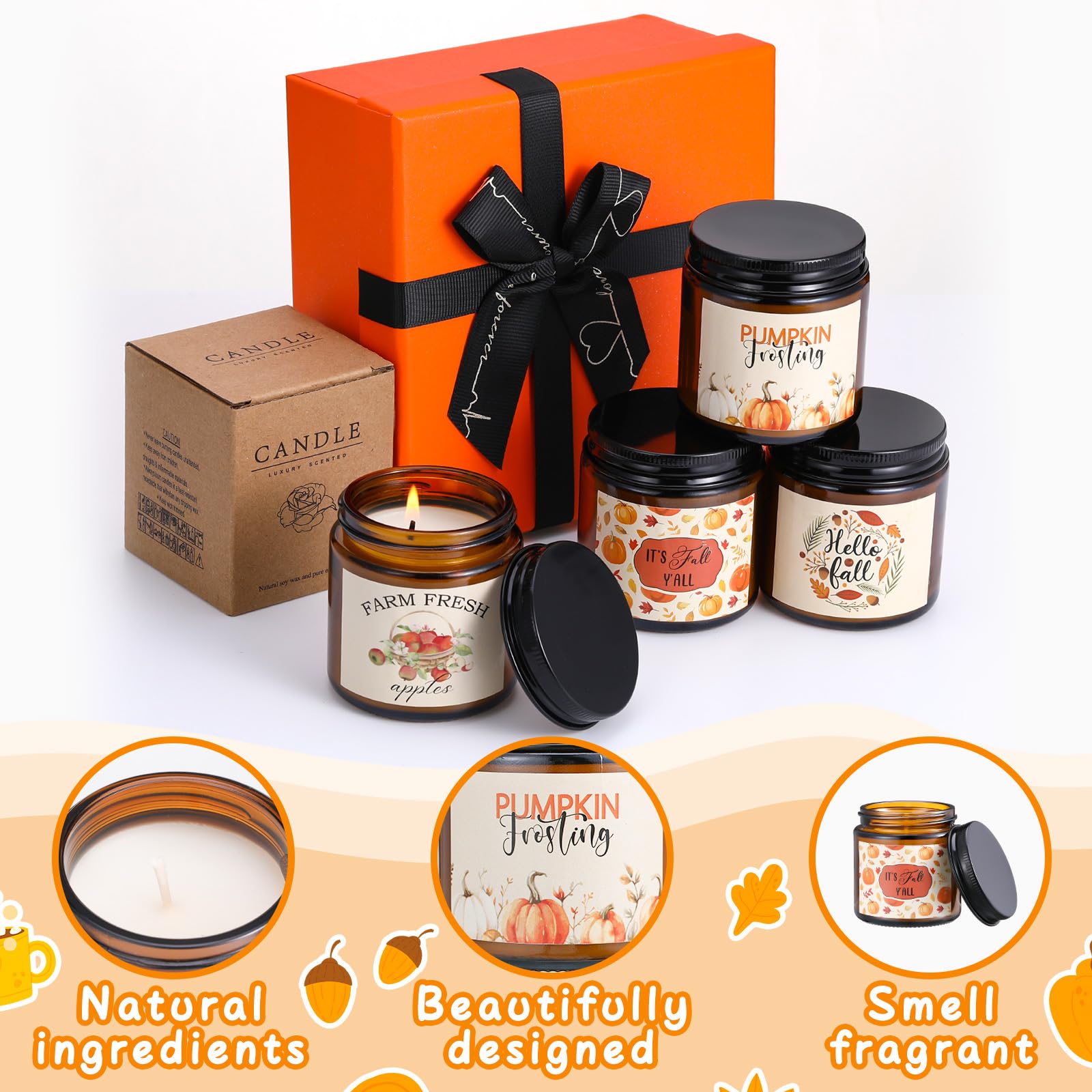 4 Pcs Fall Scented Candles Set - Pumpkin Spice & Autumn Aromas, Thanksgiving Home Decor Gifts for Mom, Sister & Friends | Cozy Holiday Ambiance for Living Room, Dining Table & Seasonal Celebrations