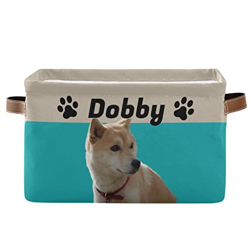 **Personalized Collapsible Dog Toy Storage Basket with Leather Handles - Custom Pet Organizer for Toys, Clothes & Accessories - Durable & Stylish Teal Bin - Perfect for Home, Travel & Dog Play Areas**