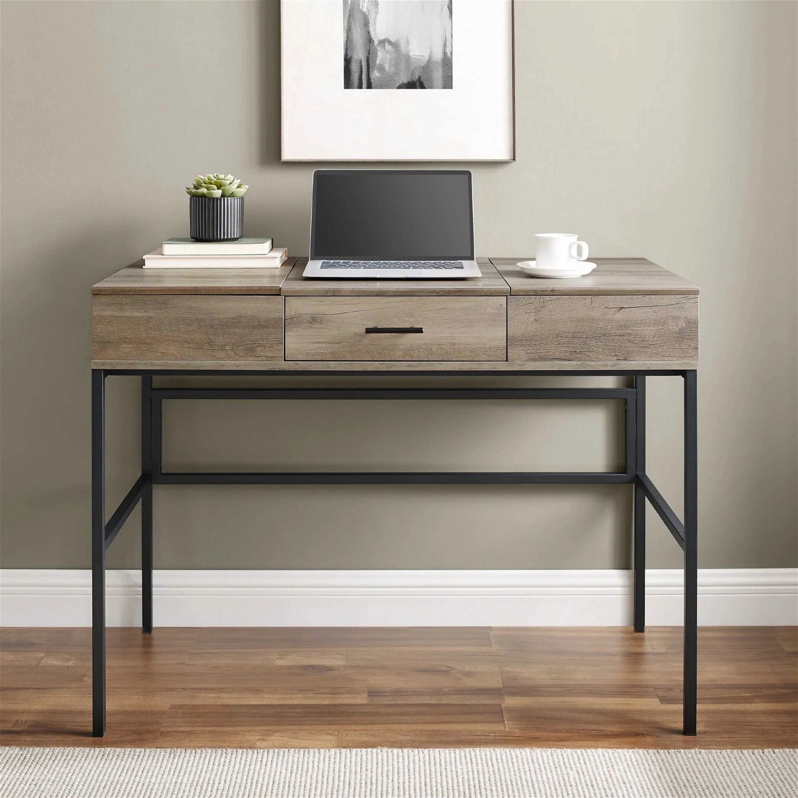 ADEPT Modern Desk in Rustic Oak Finish - Solid Wood Home Office Desk with Storage Drawer | Perfect for Small Spaces, Home Office & Study Room