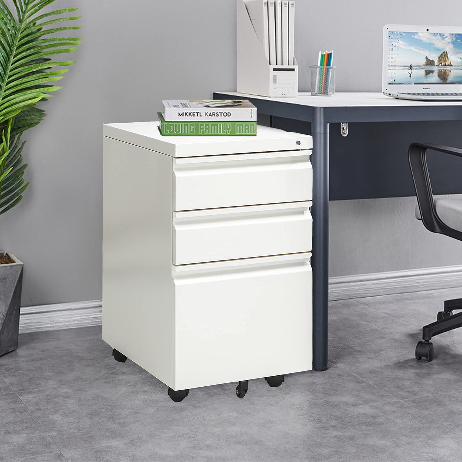 3-Drawer Rolling File Cabinet with Lock - Under Desk Mobile Storage Organizer - White Metal Filing Cabinet with Wheels for Legal/Letter Size Documents - Perfect for Home Office, Classroom & Small Business Organization
