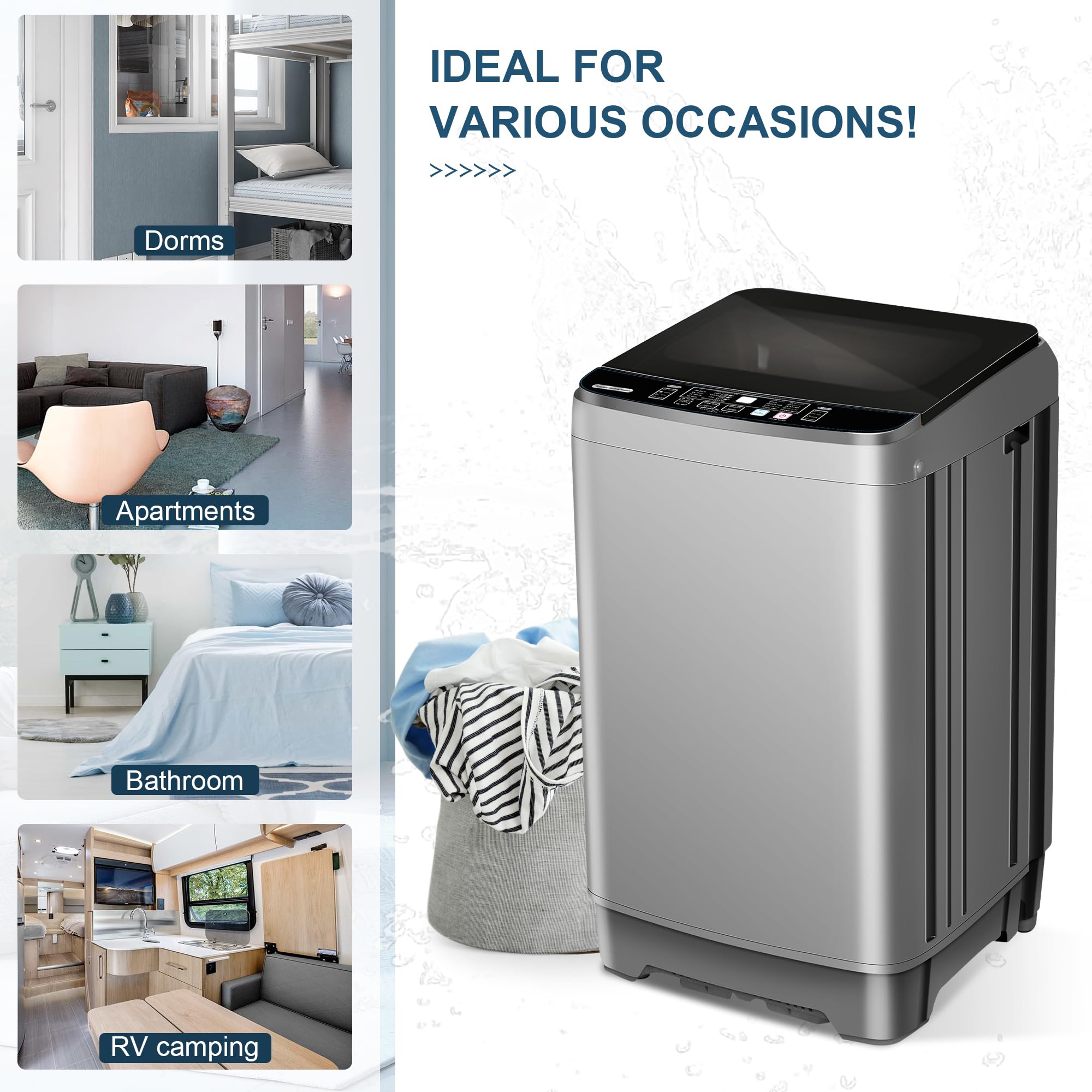 Portable Washing Machine 25 lbs - Full Automatic Compact Washer with 10 Wash Programs & 8 Water Levels - Low Noise Laundry Machine with LED Display - Perfect for Apartments, RVs, Camping & Small Spaces (Grey)