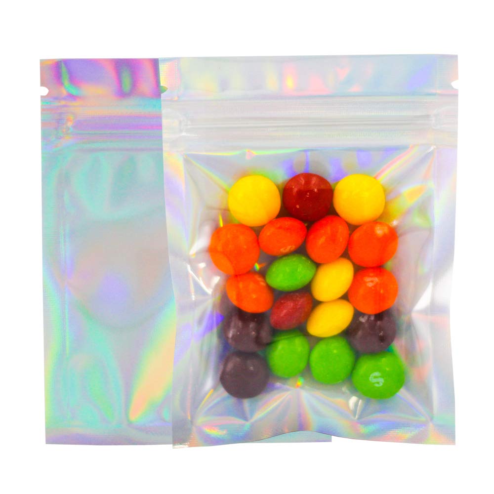100 Pack 3.3x5.1 Inch Holographic Resealable Mylar Bags - Food Safe Ziplock Storage Pouches for Snacks, Coffee, Tea & Herbs | Airtight & Moisture Proof Packaging Solution