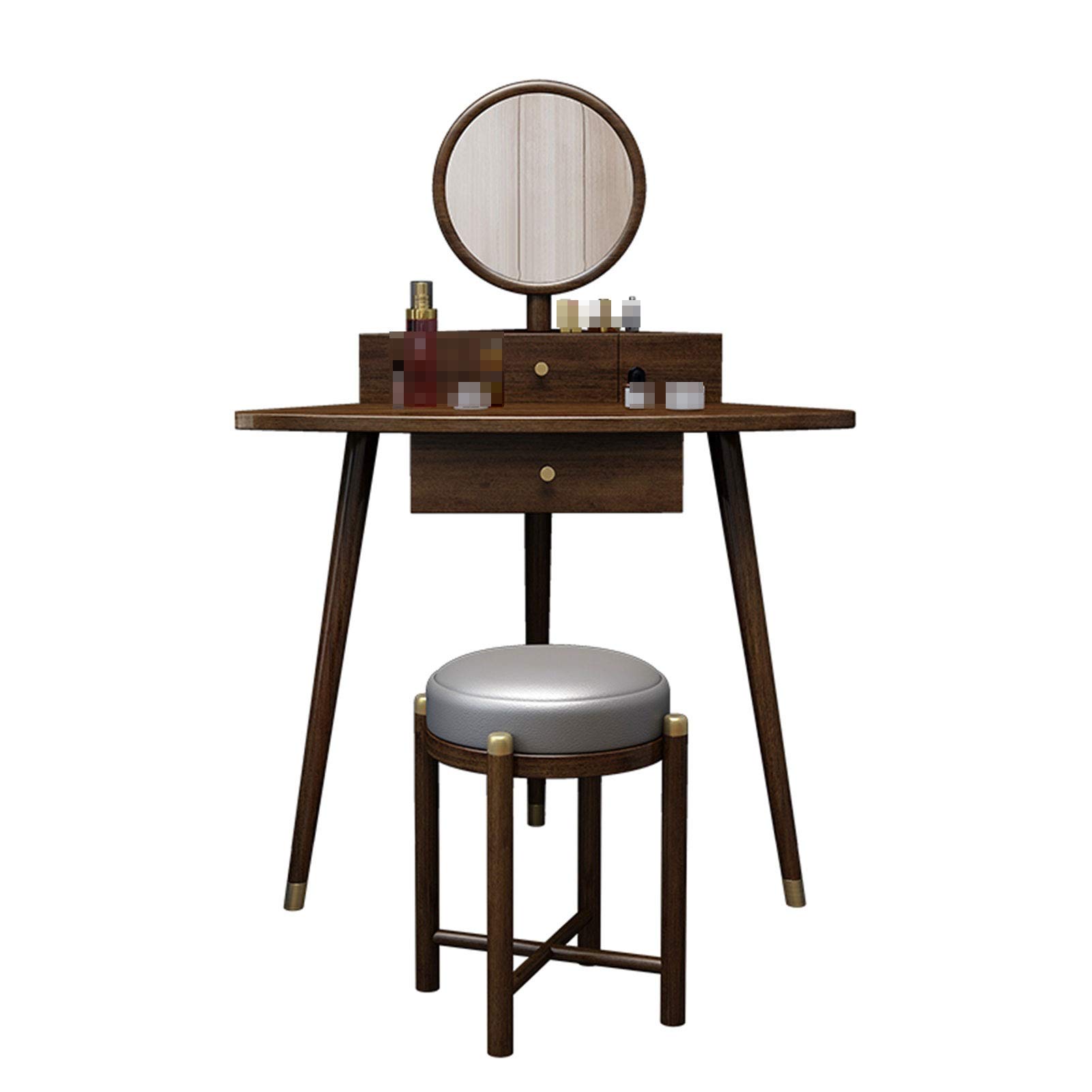Modern Corner Dressing Table Set with Stool & Mirror - Space-Saving Vanity Table with Storage for Makeup & Jewelry - Perfect for Bedroom, Dorm Room or Small Spaces