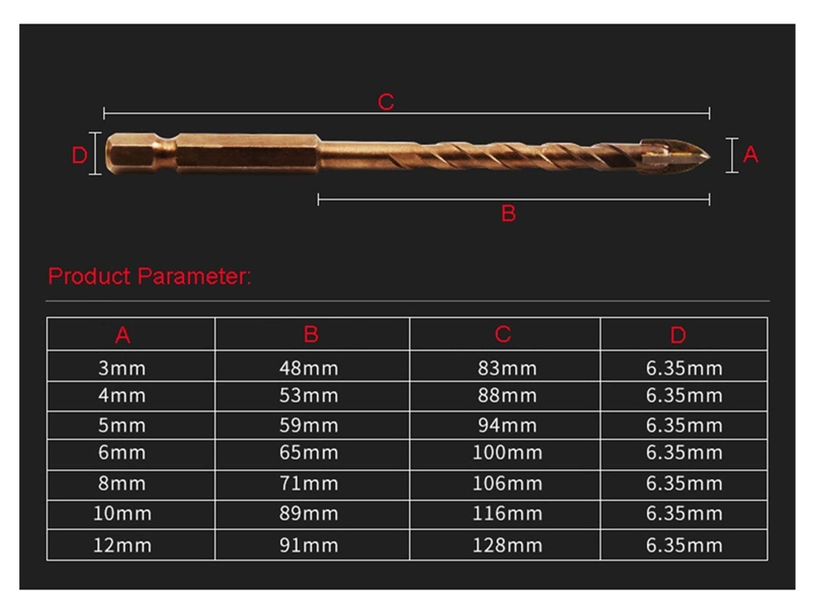 7Pcs Titanium Coated Drill Bit Set for Tile, Glass, Ceramic & Concrete - 3/4/5/6/8/10/12mm Masonry Drill Bits with Cross Hex Shank - Perfect for Bathroom Renovation, Wall Tiling & DIY Home Improvement Projects