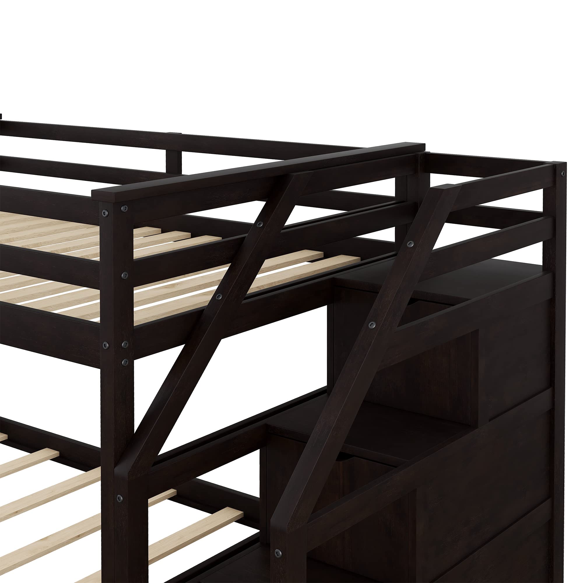 Twin Over Twin Bunk Bed with Trundle & 3-Storage Stairs - Wooden Bunk Bed Frame with Safety Rails, Storage Drawers for Kids, Teens & Guest Rooms - Space Saving Bedroom Furniture (Espresso Finish) - Perfect for Small Rooms, Sleepovers & Vacation Homes