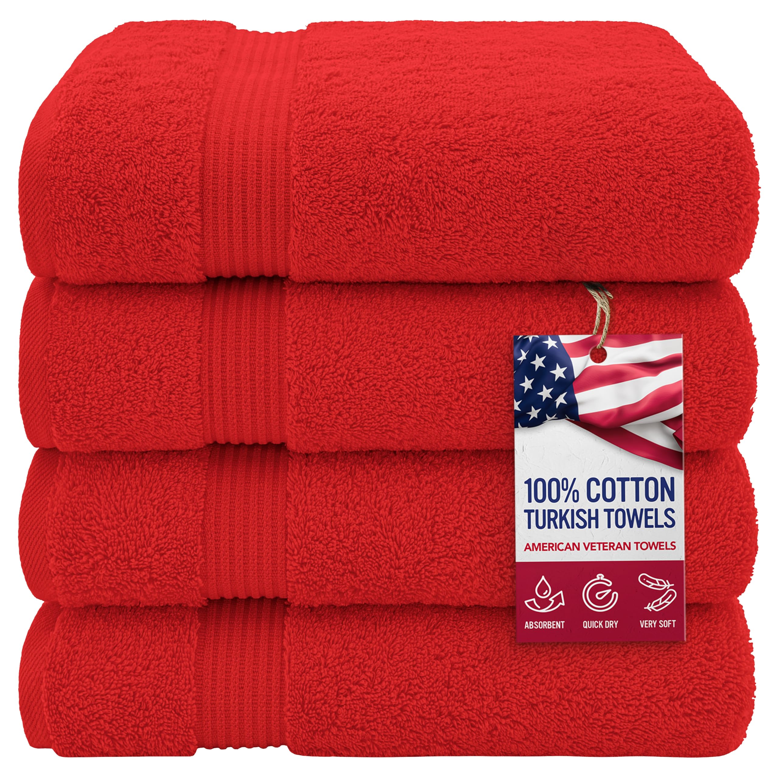 Premium 100% Cotton Turkish Bath Towels - 4 Pack Extra Large (27x54 Inches) - Ultra Soft & Absorbent for Spa, Bathroom & Beach - Red - Prime Eligible - Clearance Sale