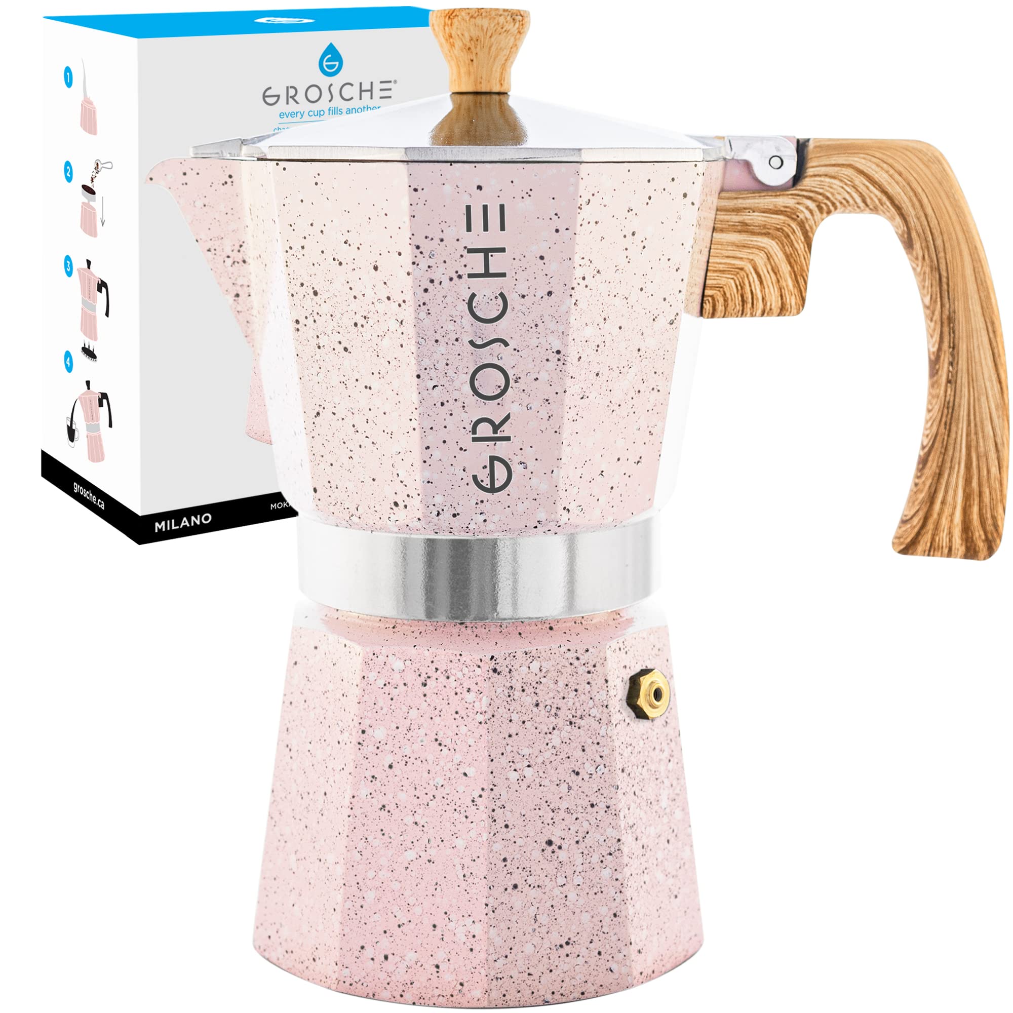 GROSCHE Milano Moka Pot - 12 Cup Stovetop Espresso Maker & Coffee Percolator in Pink | Perfect for Home Brewing, Camping & Italian-Style Coffee
