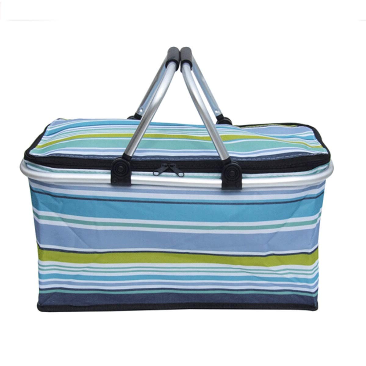 Premium Insulated Picnic Basket with Aluminum Handle - 600D Oxford Large Capacity Cooler for Outdoor Picnics, BBQs & Camping - Foldable Snowflake Foil Design with Blue Stripe - Perfect for Beach, Park & Family Gatherings