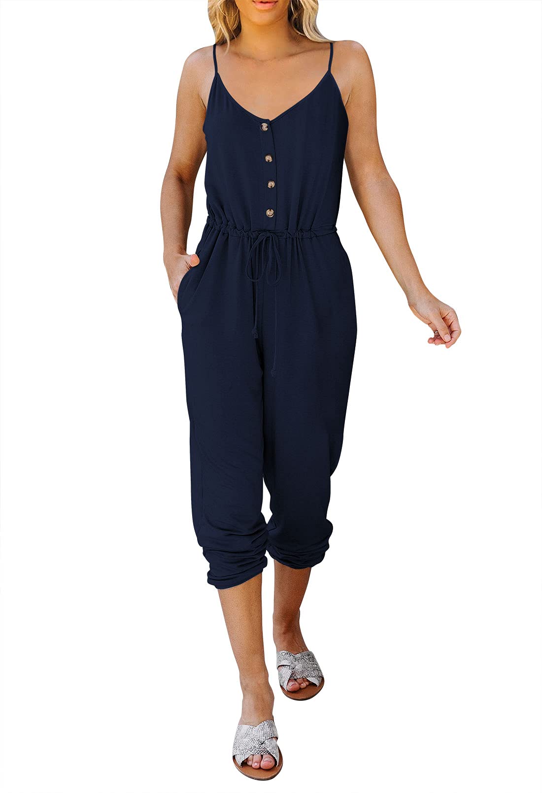 Selowin Women's V-Neck Jumpsuit with Straps, Button Front & Drawstring Waist - Casual Summer Romper for Beach, Travel & Everyday Wear