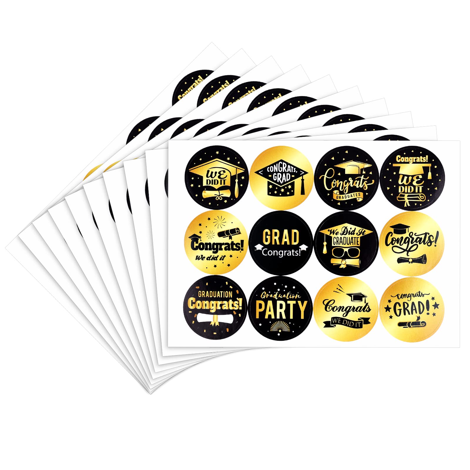 120pcs 1.5 Inch Graduation Round Stickers - 12 Black & Gold Design Patterns for Graduation Gifts, Envelopes, Bags & Party Decorations - Perfect for Graduation Celebrations, Class of 2023 Decor & Diploma Seals