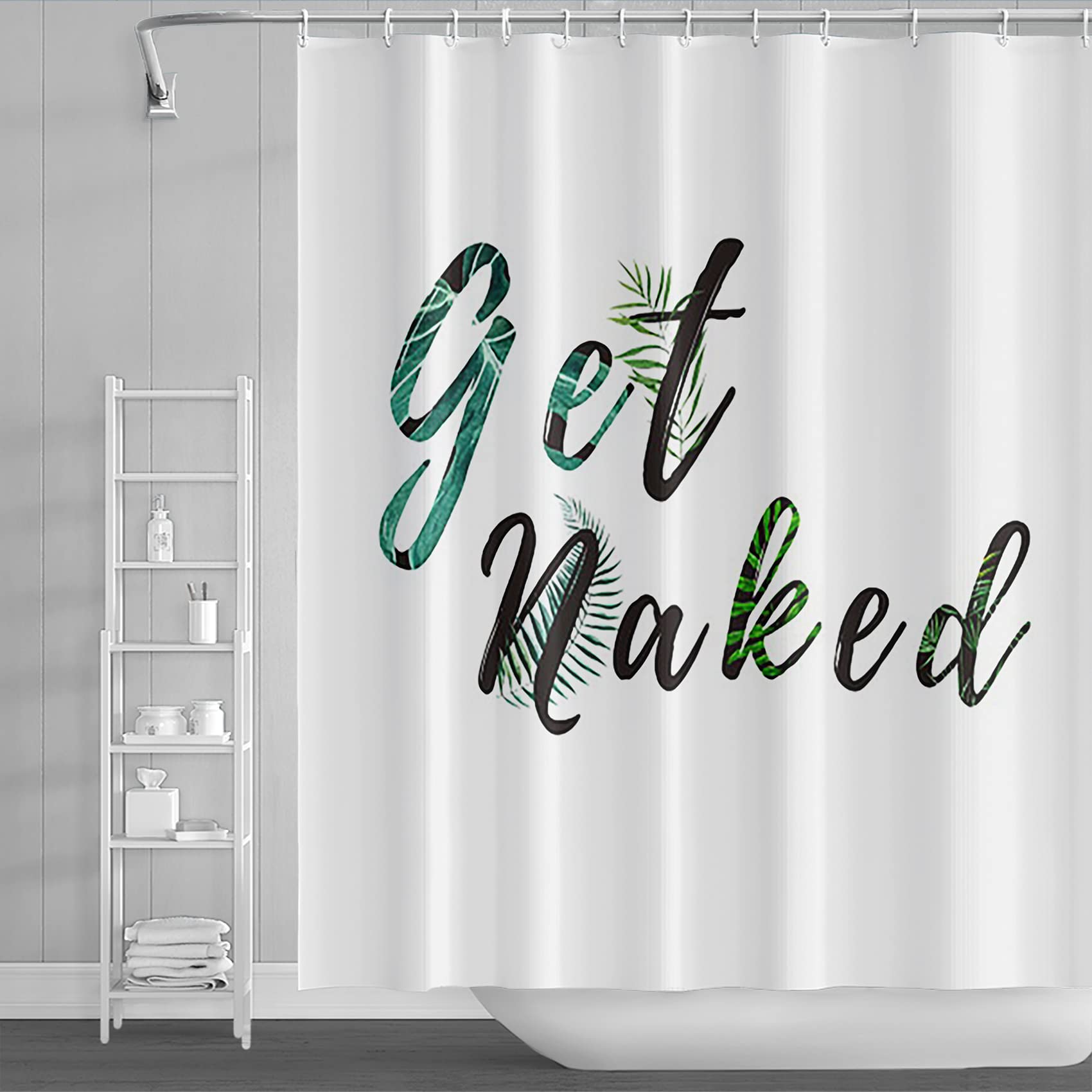Yeele Get Naked Shower Curtain - Modern White Background with Green Palm Leaf Design, Waterproof Bathroom Decor (60x72 Inches) - Perfect for Spa, Beach, and Tropical Themed Bathrooms