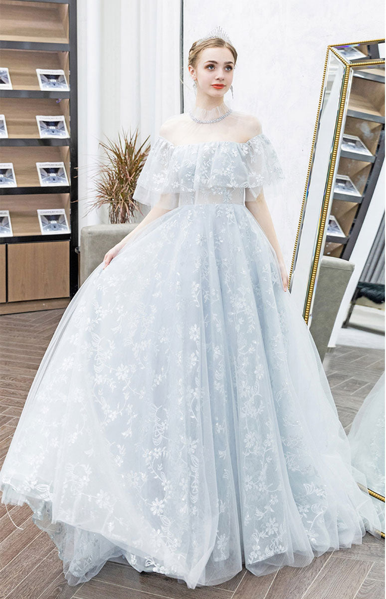 Elegant Gray Tulle Lace Long Prom Dress for Women - Formal Evening Gown for Homecoming, Wedding, Ball - Perfect for Special Occasions & Parties