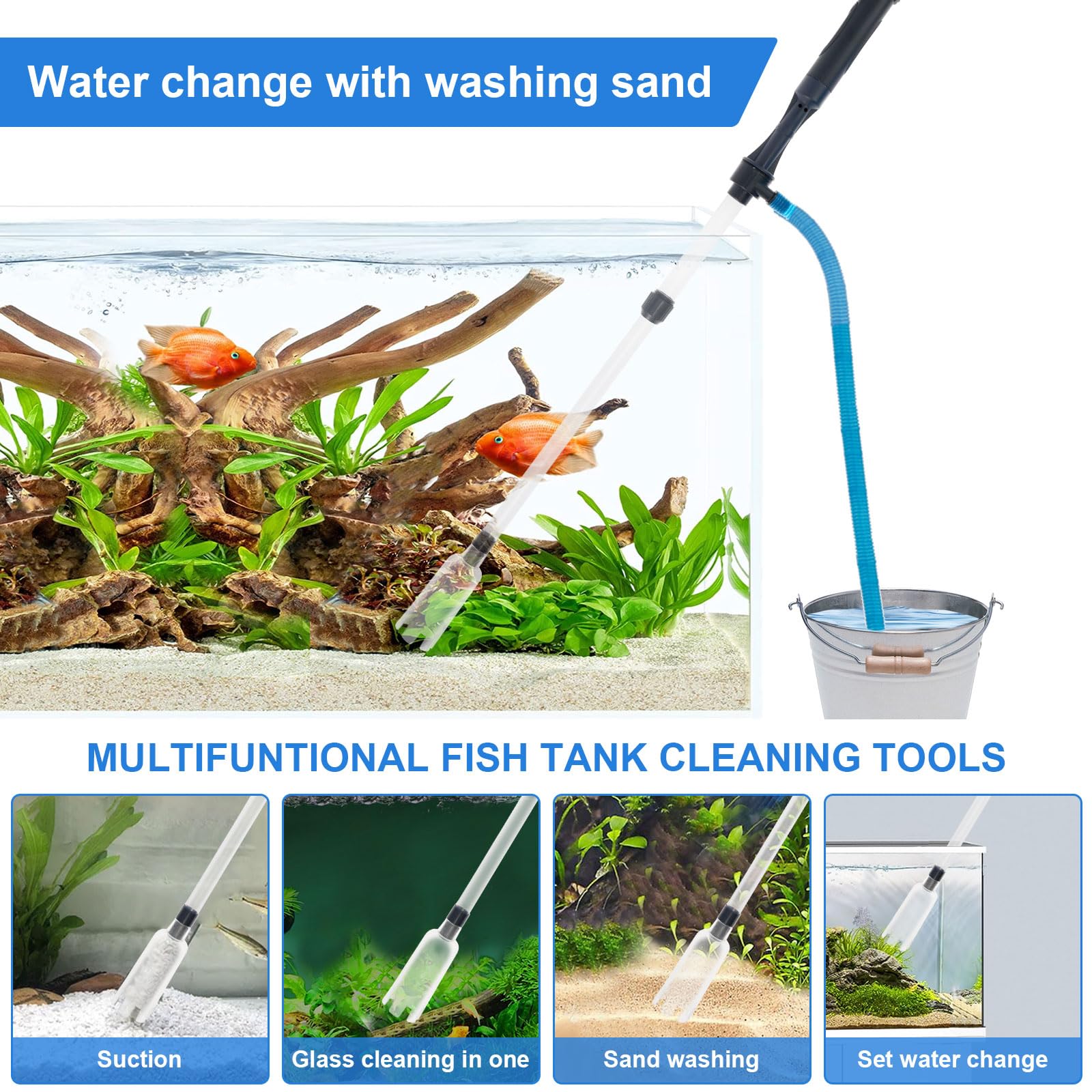 4-in-1 Electric Aquarium Gravel Cleaner & Water Changer - Powerful Siphon Vacuum Pump for Fish Tank Maintenance, Sand Washing & Quick Water Replacement - Perfect for Freshwater & Saltwater Tanks, Home & Office Aquariums
