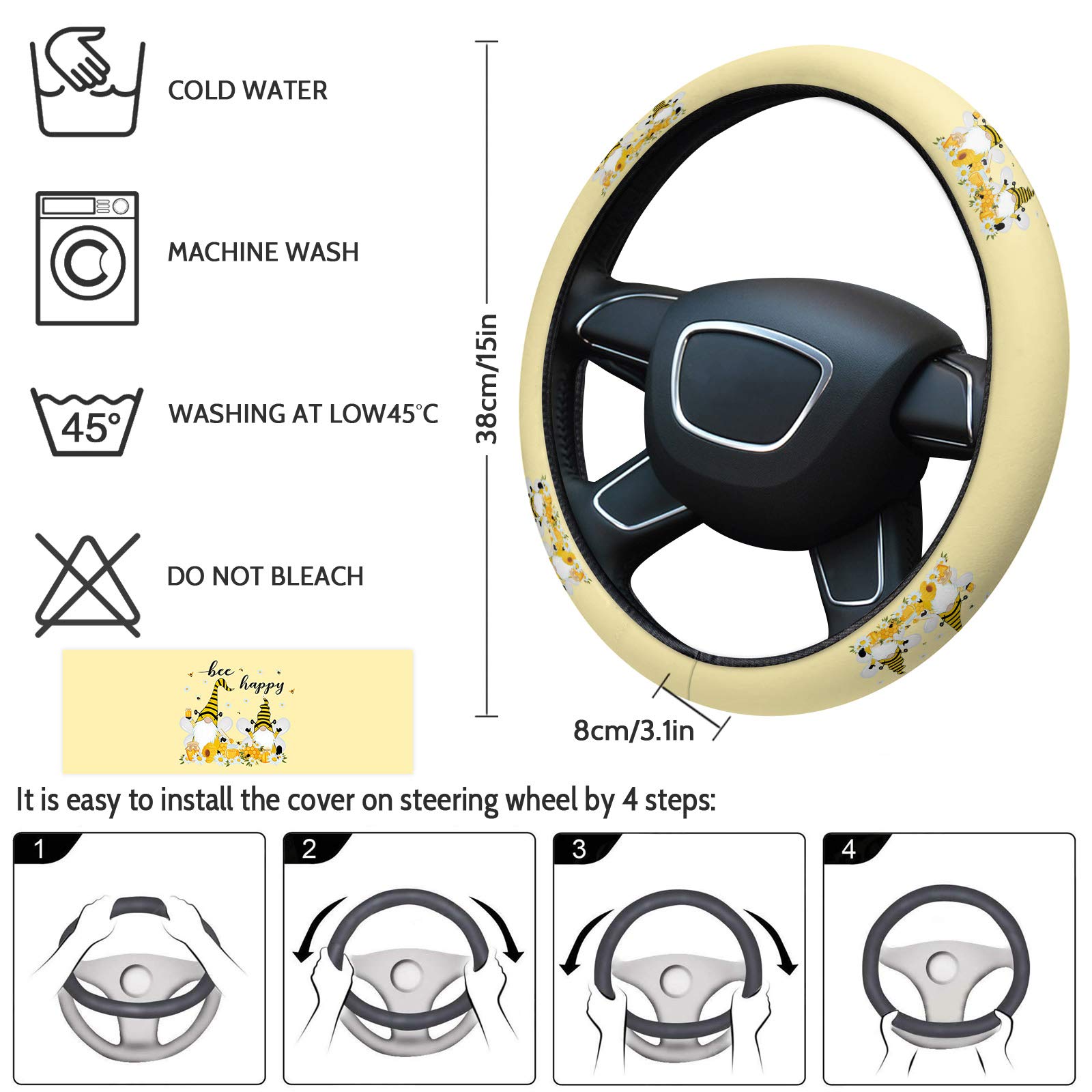 Universal 15-inch Bee Gnomes Spring Steering Wheel Cover for Women & Men - Quick Release Honey Daisy Design, Car & Truck Accessories Protector - Perfect for Daily Commute, Road Trips & Gift Giving