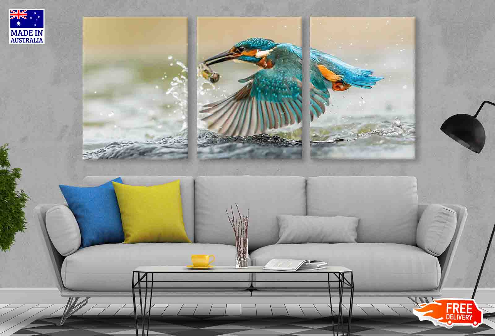 3 Set Kingfisher Bird View Photograph Wall Art - High Quality Canvas Prints 100% Australian Made - Ready to Hang for Living Room, Bedroom & Office Decor