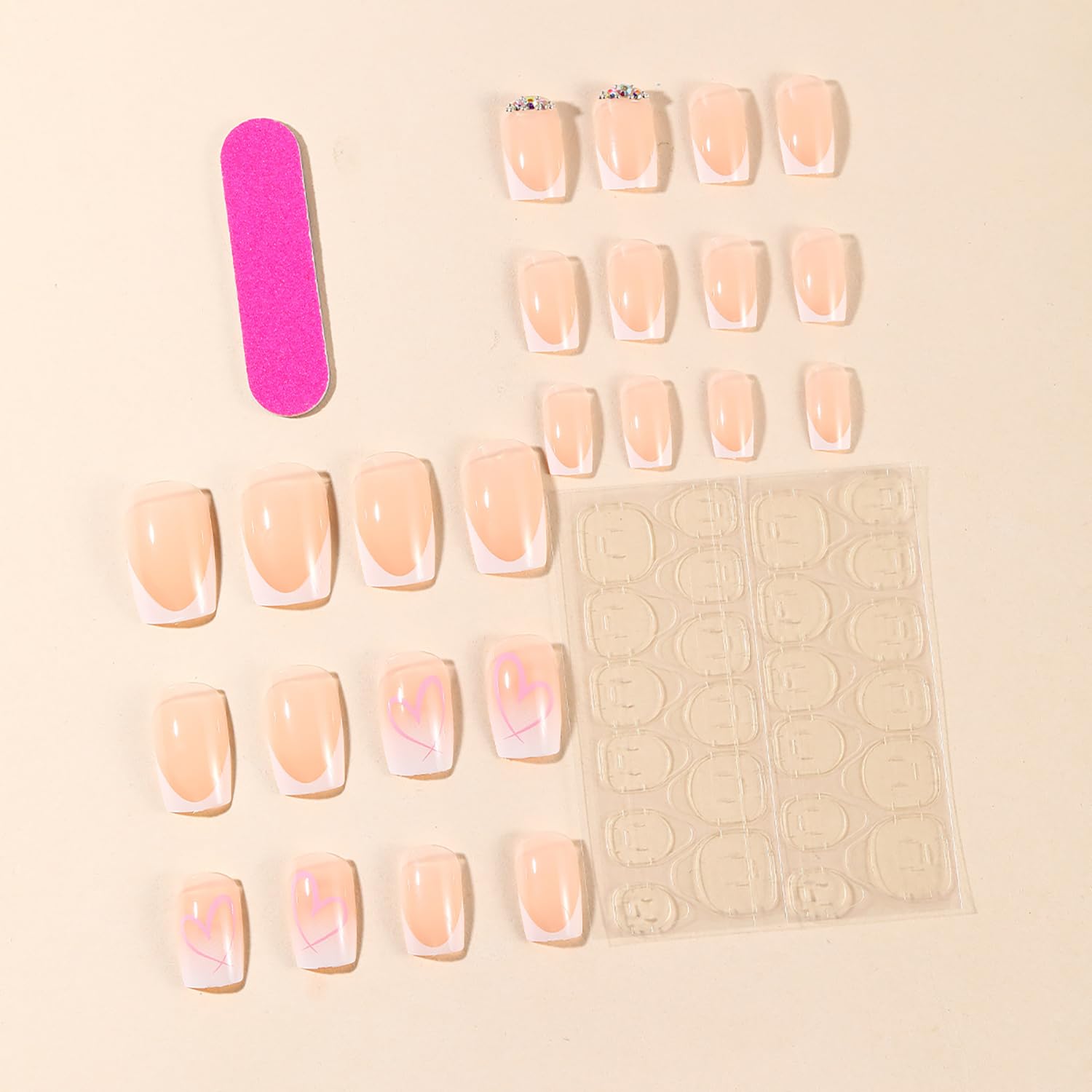 Valentine's Press on Nails - 24Pcs White French Tip Heart Design Medium Square False Nails with Rhinestones | Full Cover Glossy Acrylic Coffin Nails for Women | Perfect for Date Night, Wedding, Anniversary & Romantic Occasions