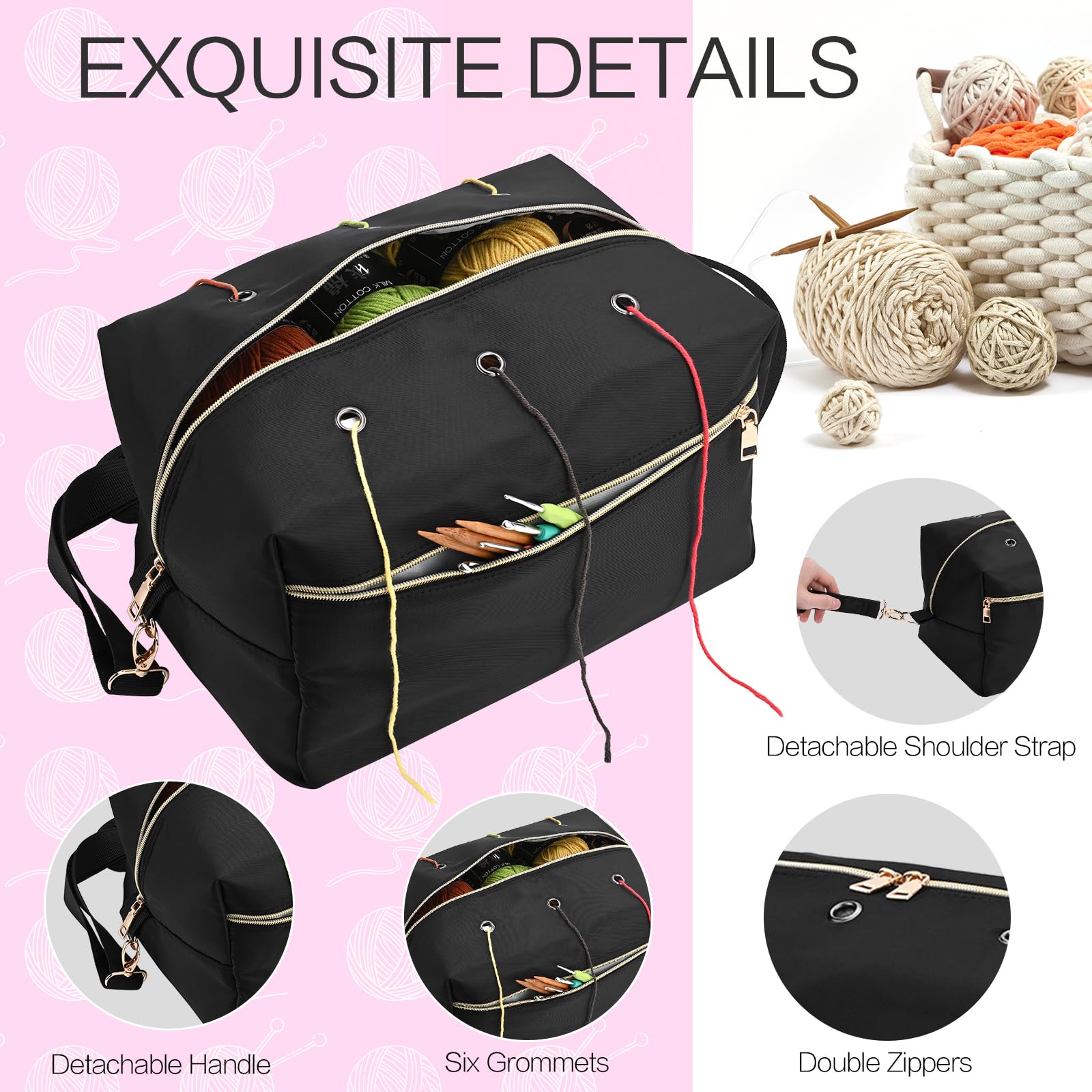 Yookee Home Yarn Storage Bag - Crochet & Knitting Organizer with Multiple Pockets for Crocheting Accessories - Perfect Gift for Crochet Lovers, Moms & Women (Black) - Ideal for Crafting, Travel & Home Organization