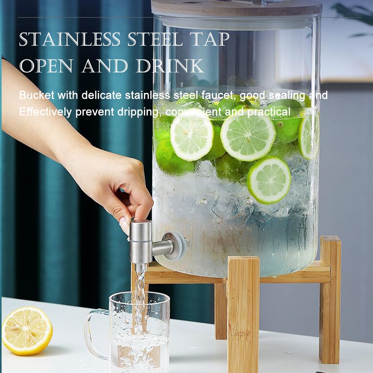 Elegant Wooden Stand Glass Juice Beverage Dispenser with Tap - Perfect for Parties, Weddings, and Home Entertaining