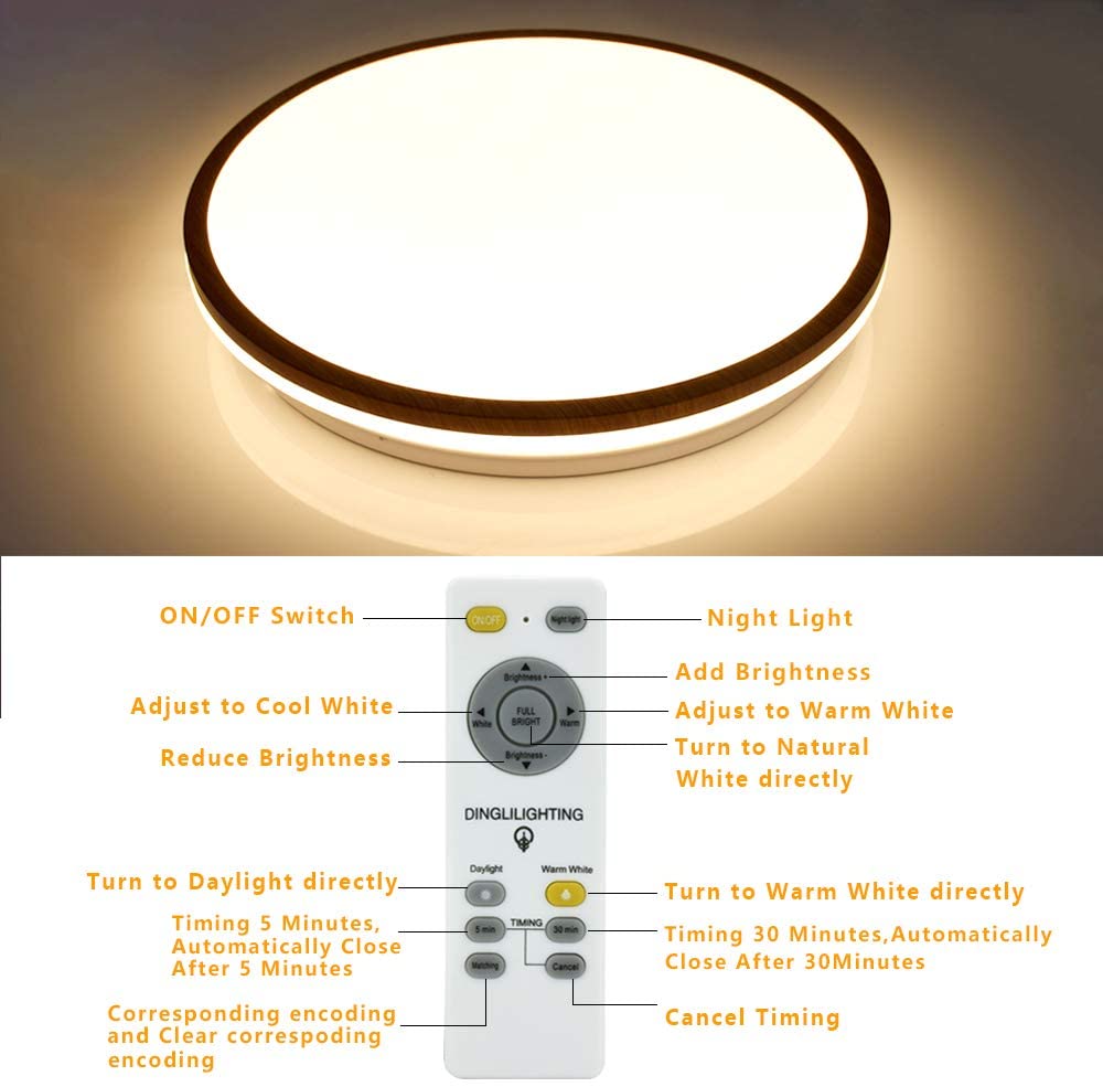 DLLT 35W Dimmable LED Flush Mount Ceiling Light with Remote Control - Round Close to Ceiling Light Fixture, 3 Color Changing, Timer Function - Perfect for Living Room, Bedroom, Dining Room Lighting