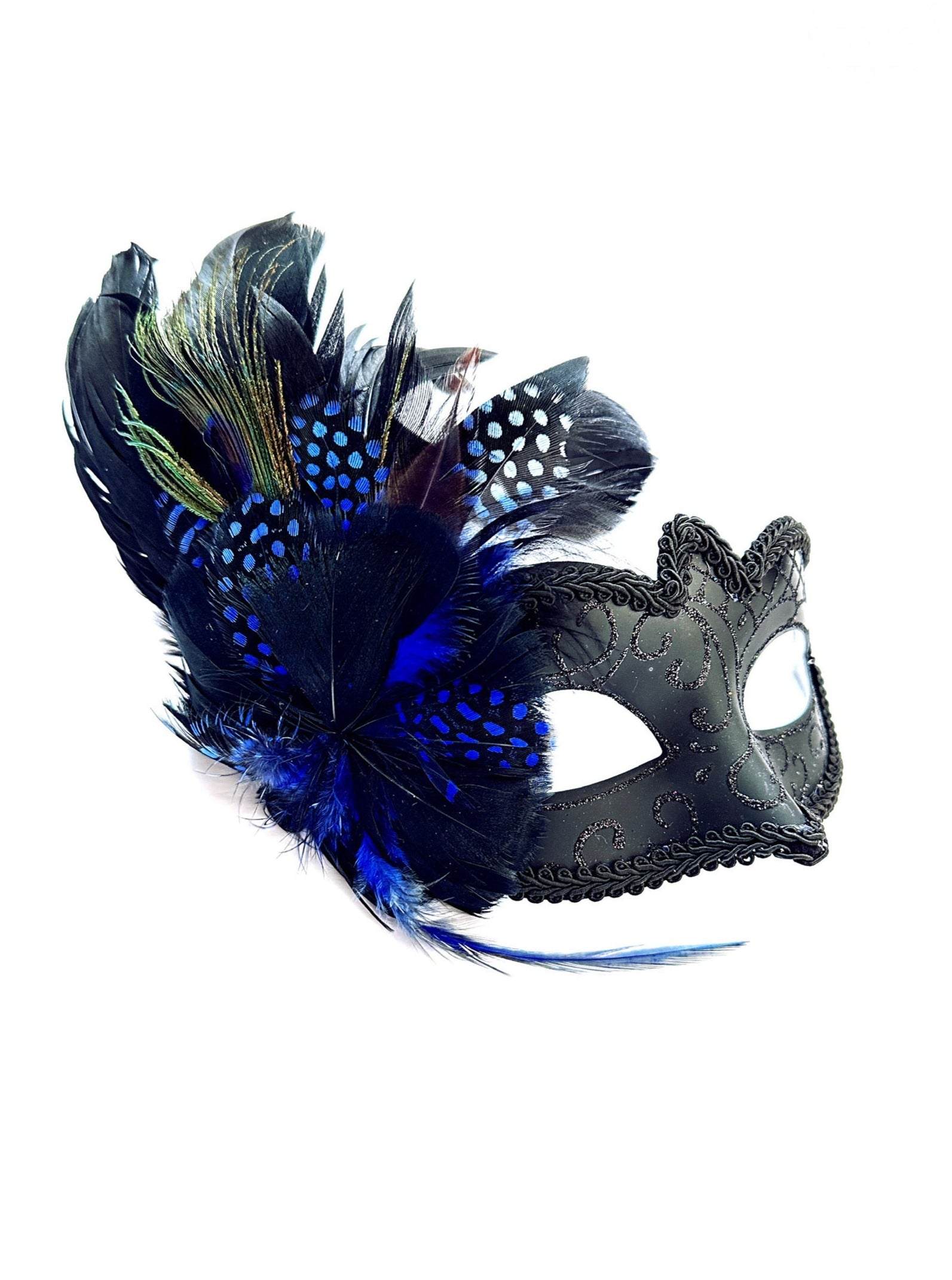 Elegant Venetian Feather Mask - Blue & Black Masquerade Mask for Costume Parties, Halloween, and Mardi Gras