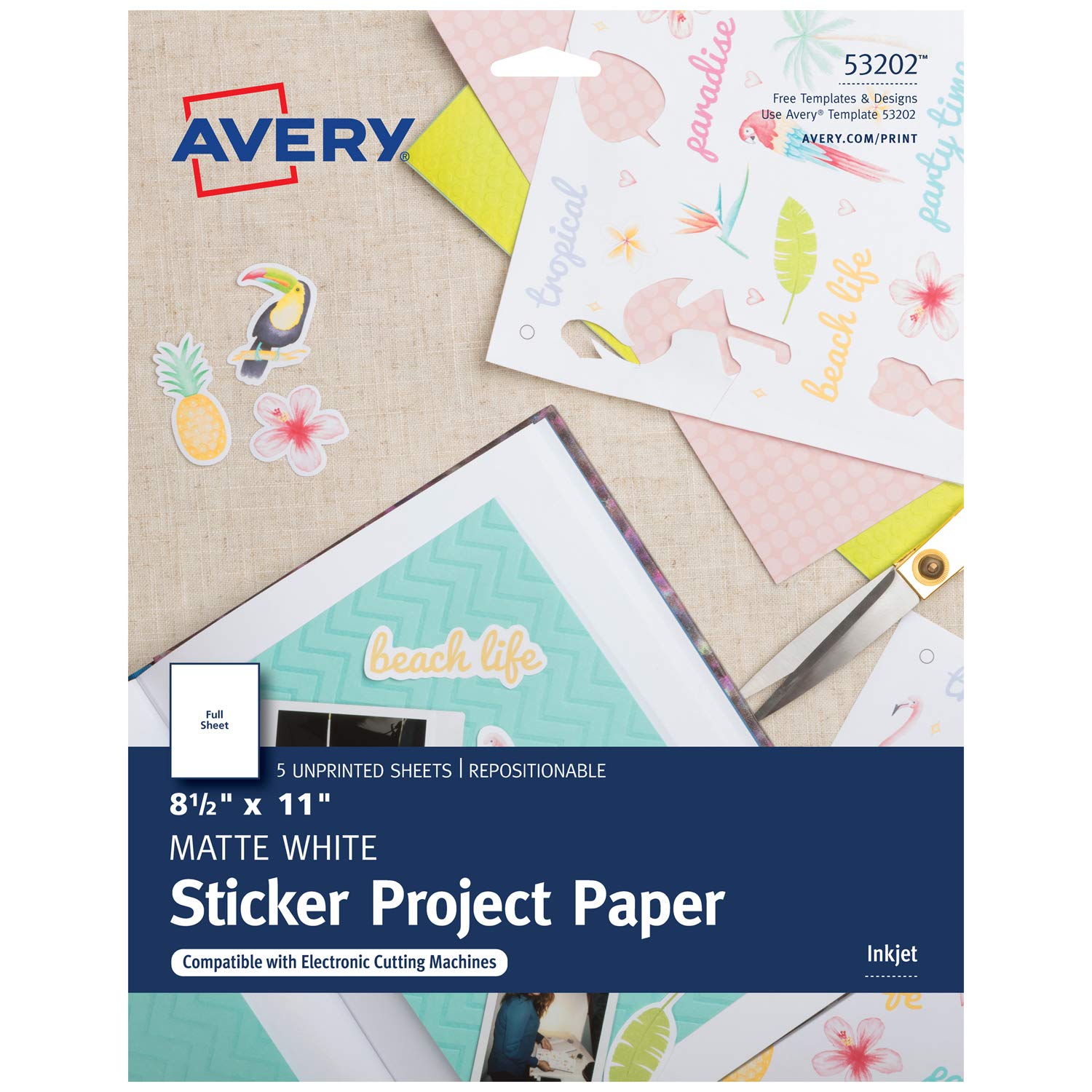 Avery Printable Sticker Paper 8.5x11 for Inkjet Printers - 5 Repositionable Sheets for Crafts & Labels