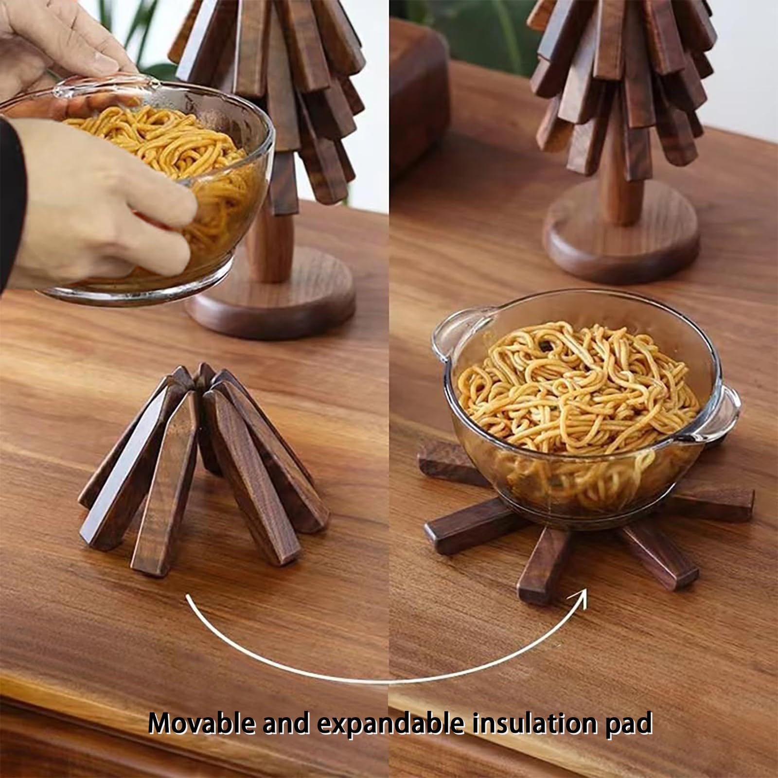 Black Walnut Wooden Trivet Set - 3 Tree-Shaped Hot Dish Coasters with Stand for Pots, Pans & Serving Dishes - Perfect for Kitchen, Dining Table & Outdoor BBQ