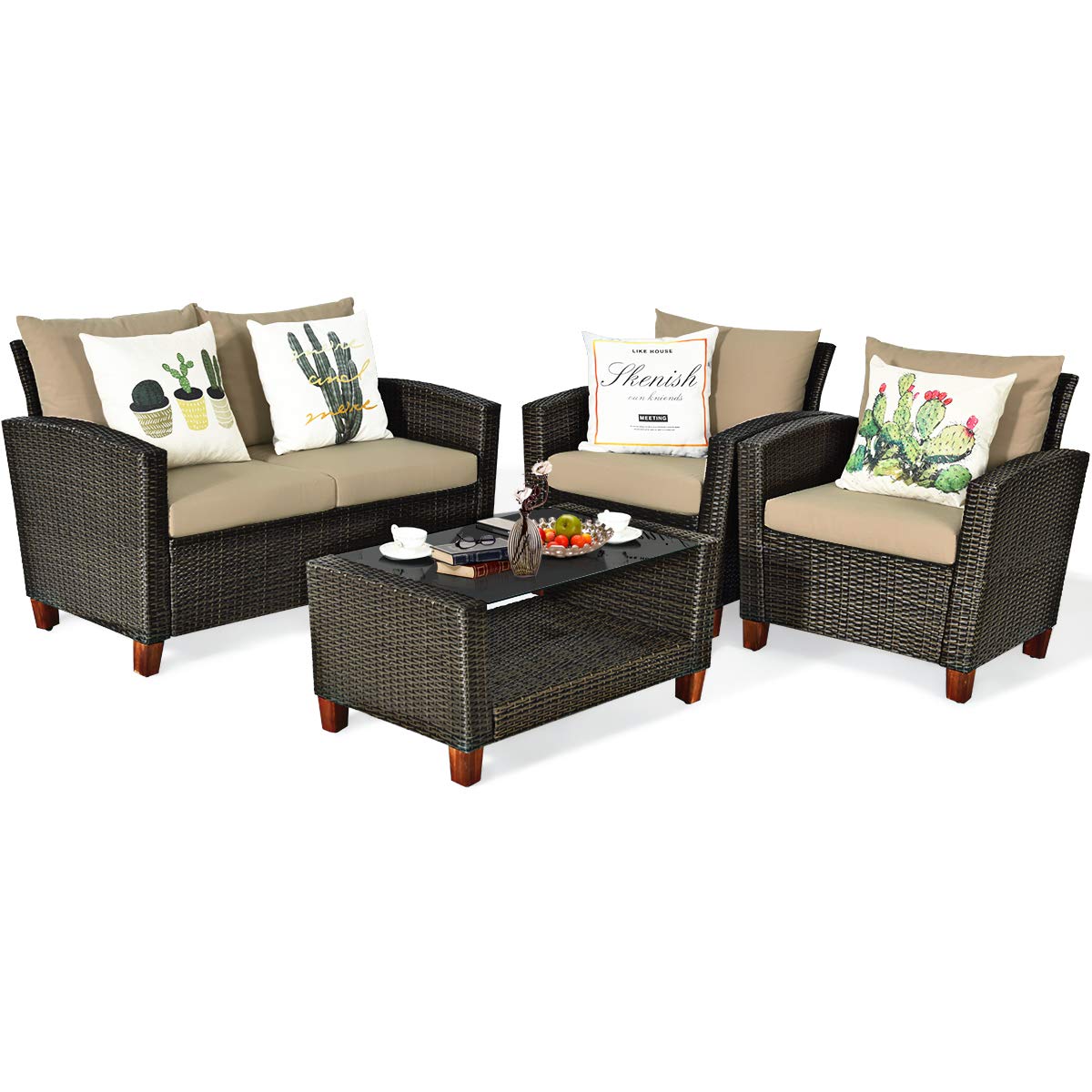 Tangkula 4-Piece Outdoor Patio Furniture Set - All-Weather Wicker Rattan Sofa Set with Coffee Table - Beige - Perfect for Garden, Backyard, Poolside & Balcony Relaxation