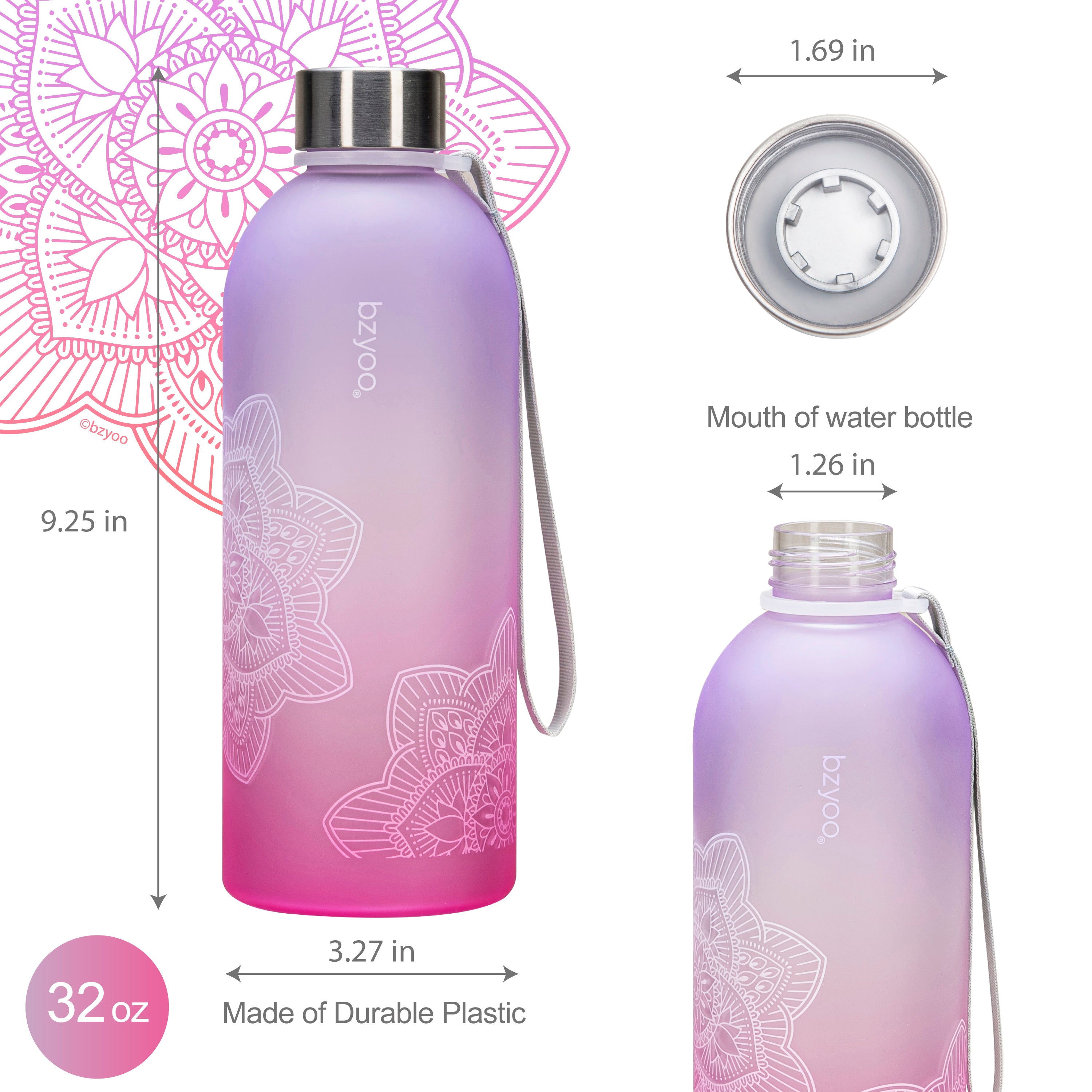 32oz La La Mandala Time Marker Tritan Water Bottle with Carrying Strap - Ombre Pink | BPA-Free Leak Proof Sports Water Bottle for Gym, Yoga, Hiking & Outdoor Activities