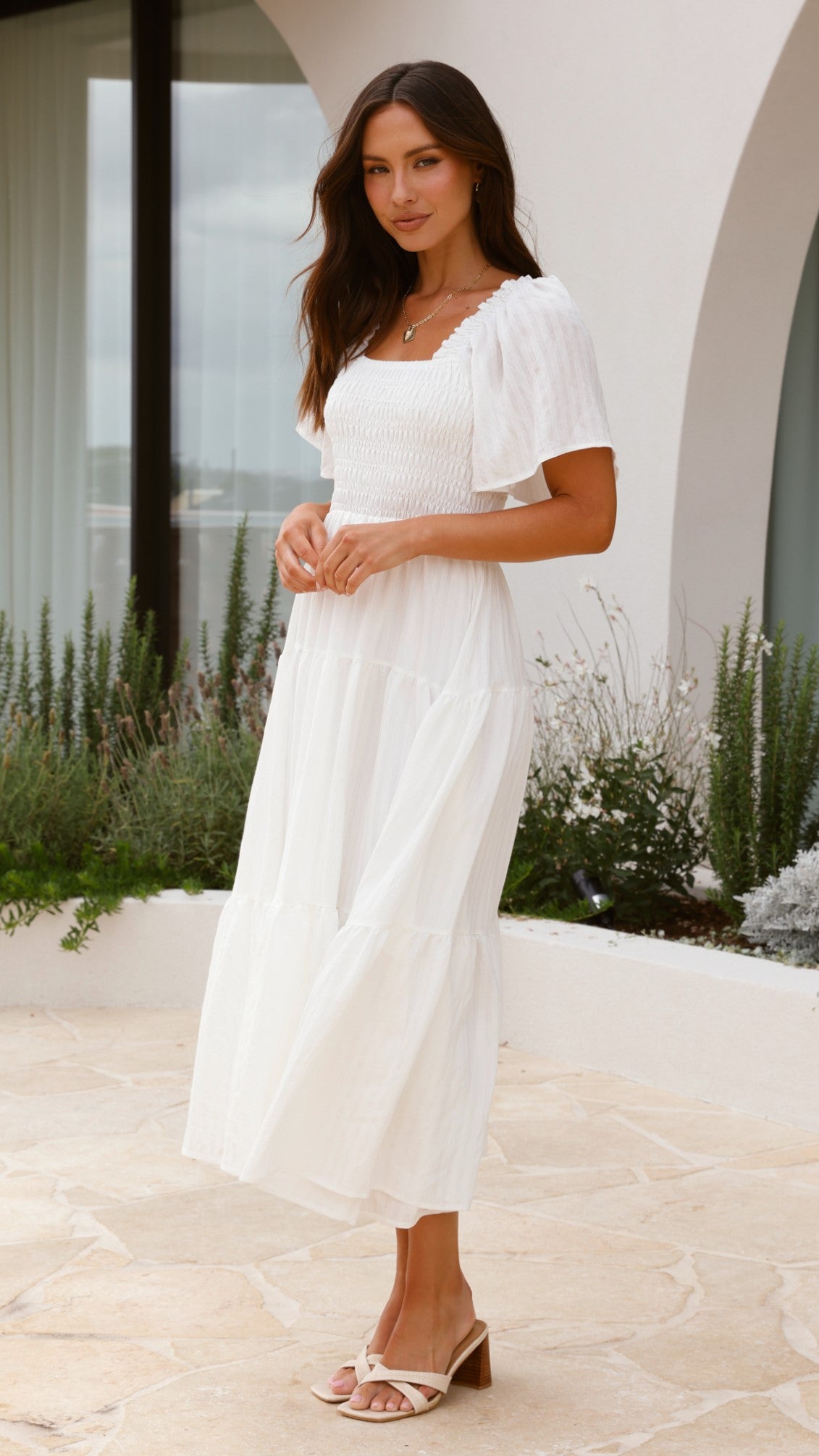 Lainey Midi Dress for Women - Elegant White Summer Dress for Casual Wear, Office, Party & Date Night | Flowy A-Line Knee Length Dress