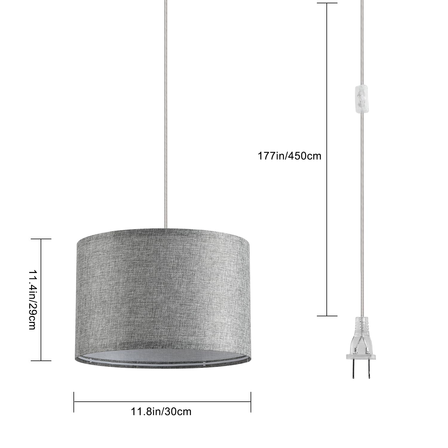 2 Pack Plug in Pendant Light with 15Ft Clear Cord & On/Off Switch - Grey Fabric Lamp Shade for Bedroom, Kitchen, Living Room & Dining Table - Modern Hanging Light Fixture for Home Decor & Cozy Ambiance