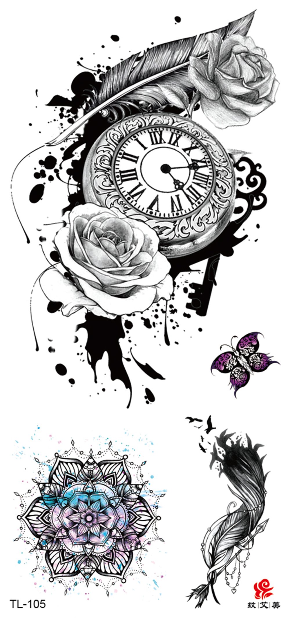 Vintage Rose Feather Temporary Tattoos for Adults - Waterproof Fake Tattoos for Women & Men - Perfect for Parties, Festivals & Body Art Decorations
