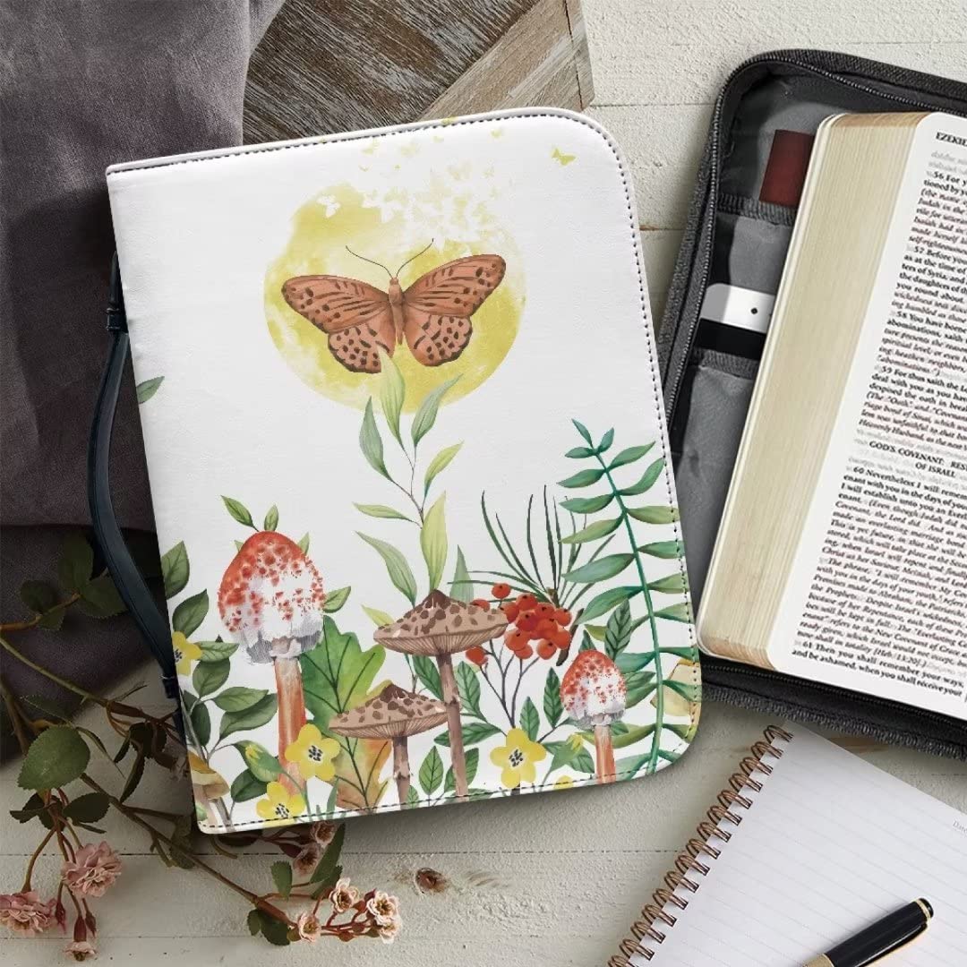 Floral Butterfly Mushroom Bible Cover for Women & Men - 11.2x8x2.2 Inch Leather Zippered Church Bag with Bookmark & Pocket - Perfect Gift for Bible Study, Church Services & Travel