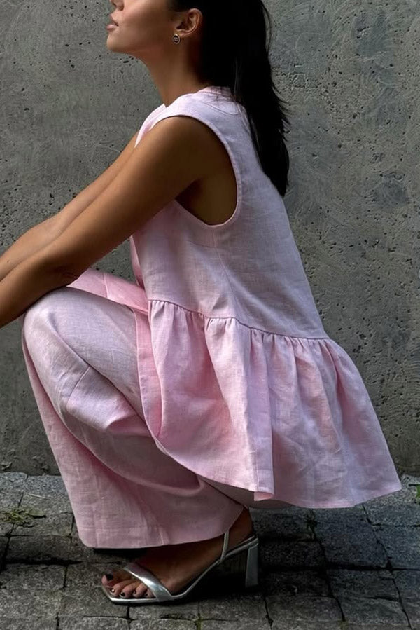 Women's Linen Blend Sleeveless V-Neck Top & Elastic Waist Wide Leg Pants Set - Comfortable Summer Outfit for Beach, Travel and Casual Wear