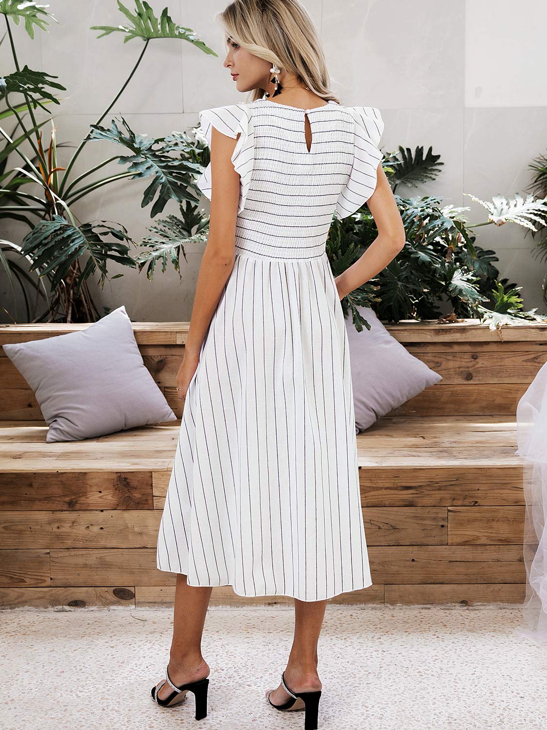 Miessial Women's Casual Summer Midi Dress - Short Sleeve Smocked Linen Boho Dress with Pockets | Beach Wedding Guest Outfit, Vacation Dress, Garden Party Attire 2025