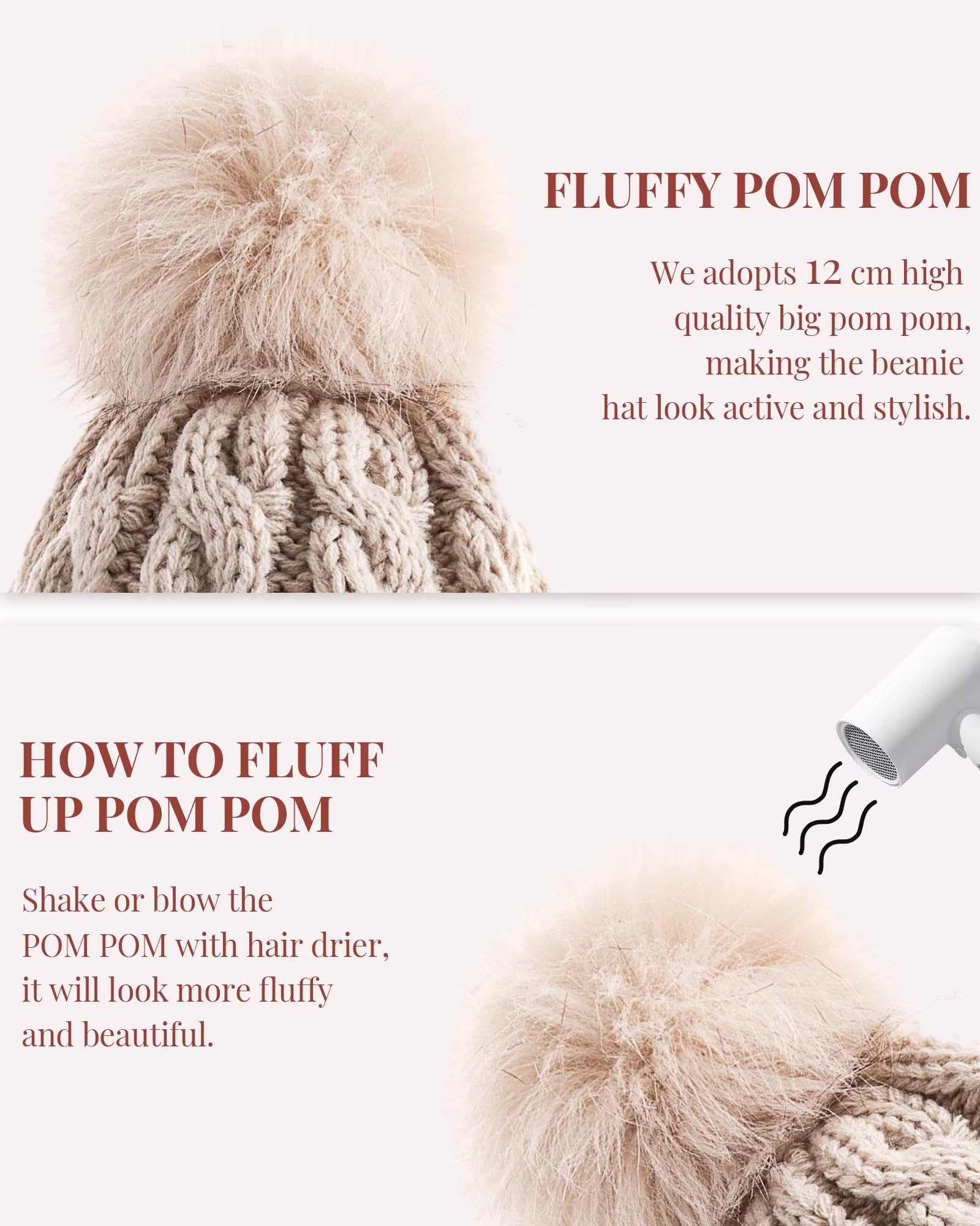 3 PCS Women's Knit Beanie Hats with Pom Pom - Warm Winter & Fall Fashion Hats for Ladies - Perfect for Outdoor Activities, Skiing, Snowboarding & Casual Winter Wear