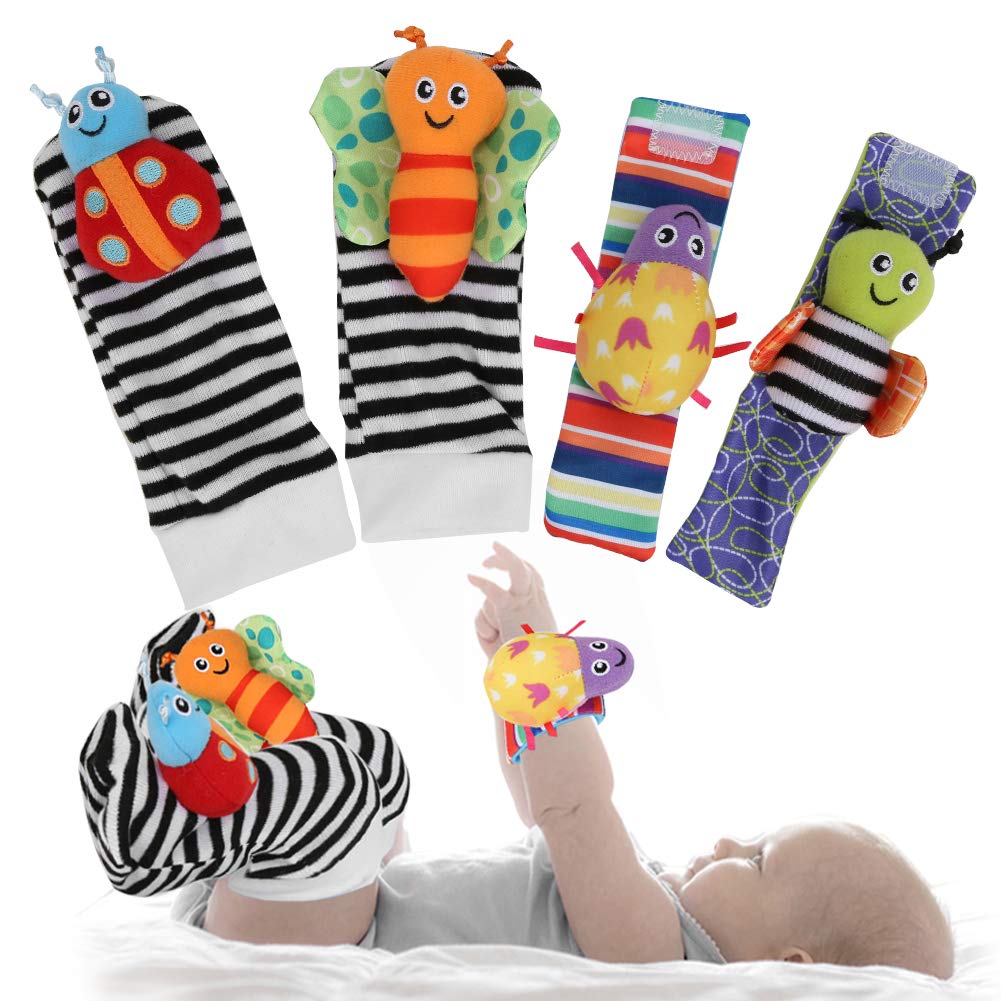 4Pcs Baby Wristband and Socks Rattle Toys - Soft Infant Sock Hanging Toy with Wrist Rattles for Newborns & Babies - Perfect for Playtime, Tummy Time & Sensory Development