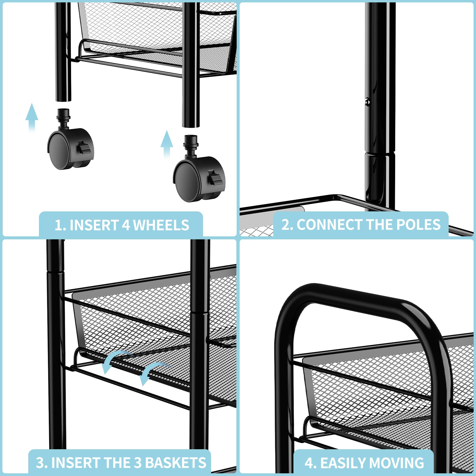WELDUN 3-Tier Rolling Kitchen Cart with Metal Shelves & Handle - Mobile Storage Organizer for Kitchen, Bathroom, Bedroom & Office (Black) | Perfect for Small Space Organization & Home Storage Solutions