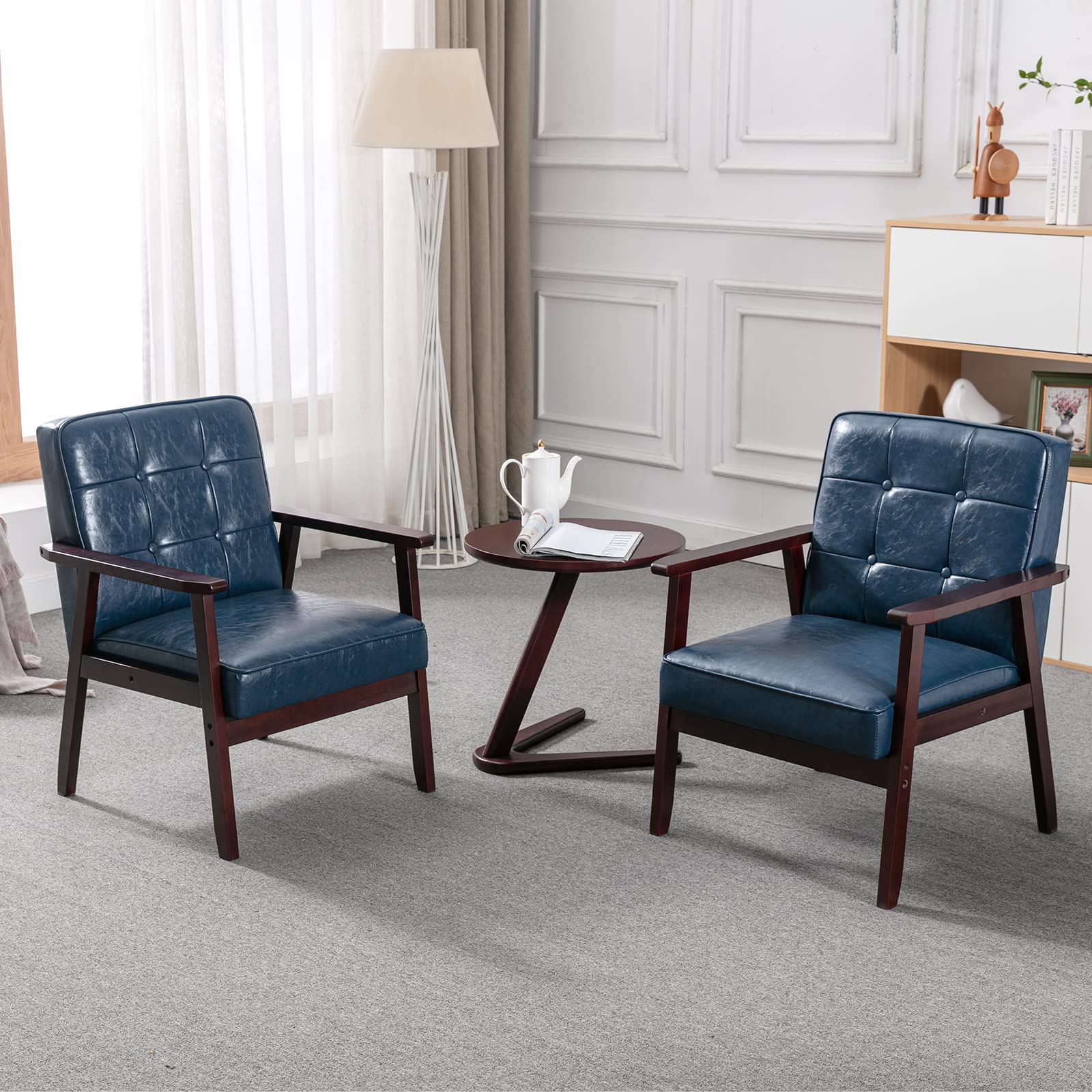 Okeysen Mid-Century Modern Leather Accent Chairs Set of 2 - Retro Blue Armchairs with Cushions & Solid Wood Frame for Living Room, Lounge, Office or Reading Nook