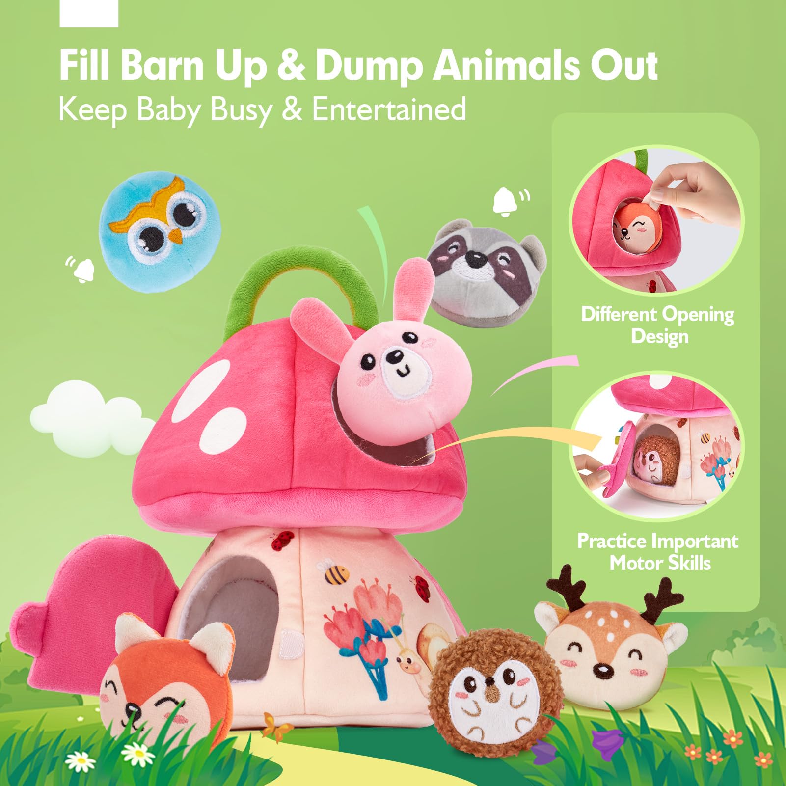 Hahaland Montessori Sensory Toys for Baby Girls 6-12 Months - Mushroom House Playset with Stuffed Jungle Animals, Rattle, Crinkle Paper & Mirror - Educational Toddler Toys for 1 Year Old Girls - Perfect Gift Basket Stuffers for Birthdays & Baby Showers